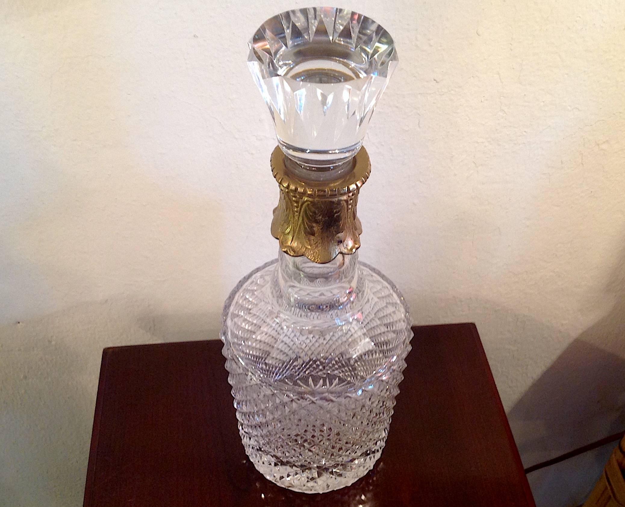 Vintage Fine Cut Crystal Decanter with Mounted Brass Neck In Excellent Condition For Sale In Mobile, AL
