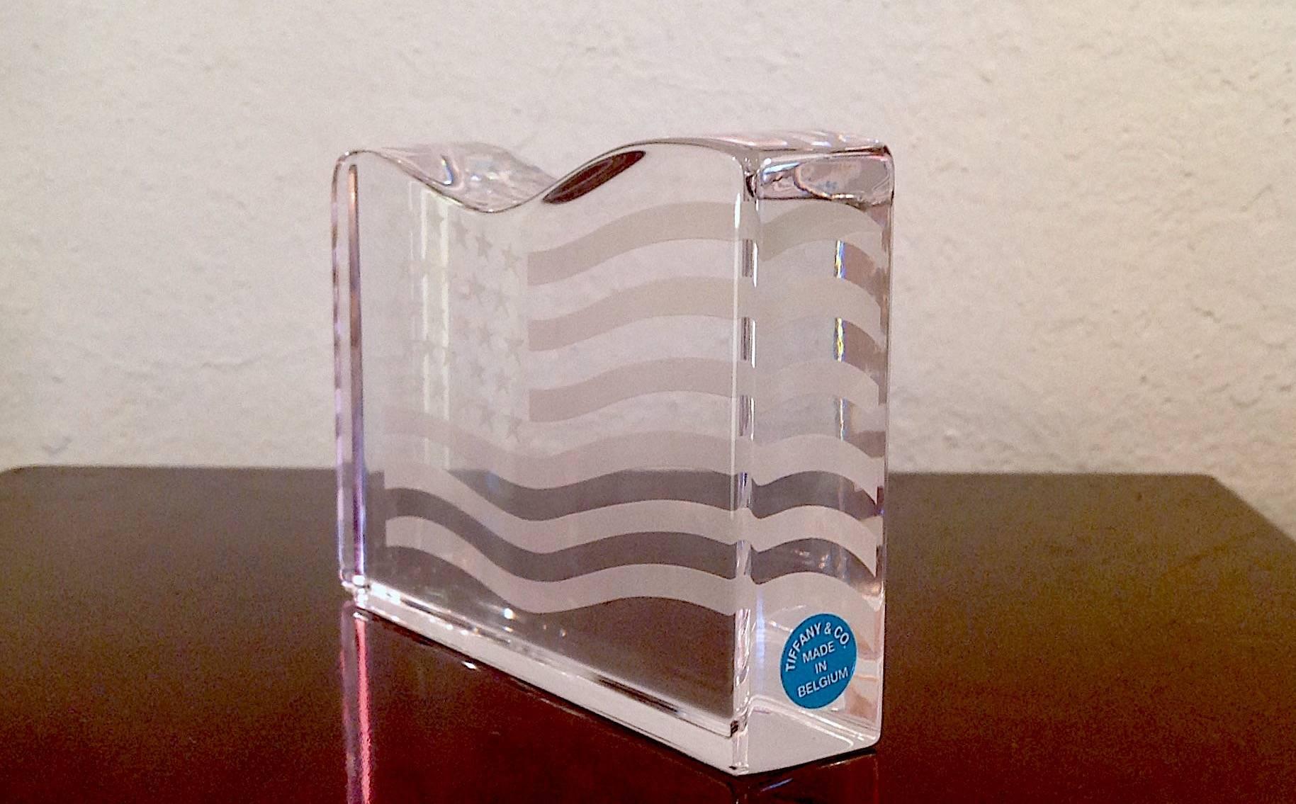 Tiffany & Co. American flag crystal paperweight, desk accessory, signed "Val St. Lambert - DeSorss" and "Tiffany & Co."