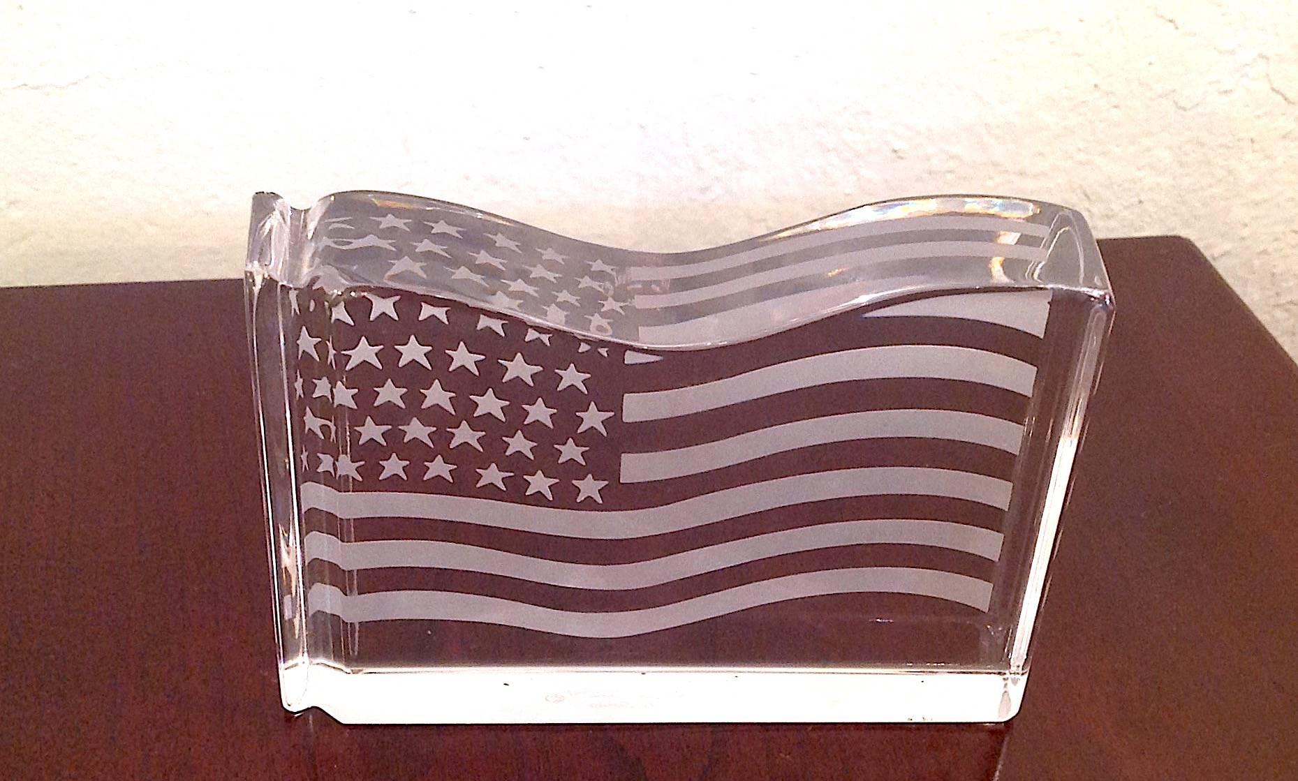 Etched Tiffany & Co. American Flag Crystal Paperweight For Sale