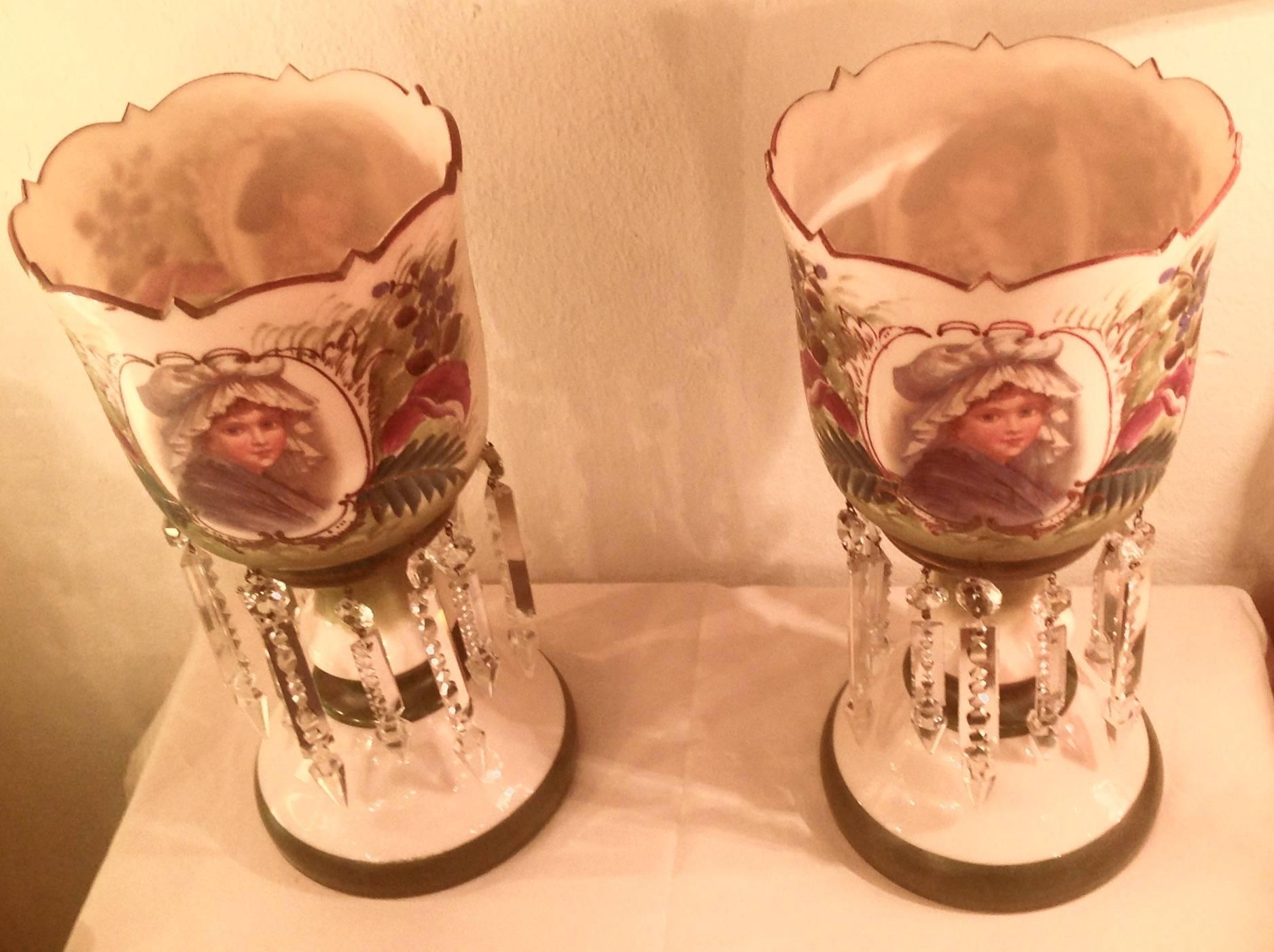 Hand-Painted Pair of Victorian Hand Painted Portrait Mantle Lustres For Sale