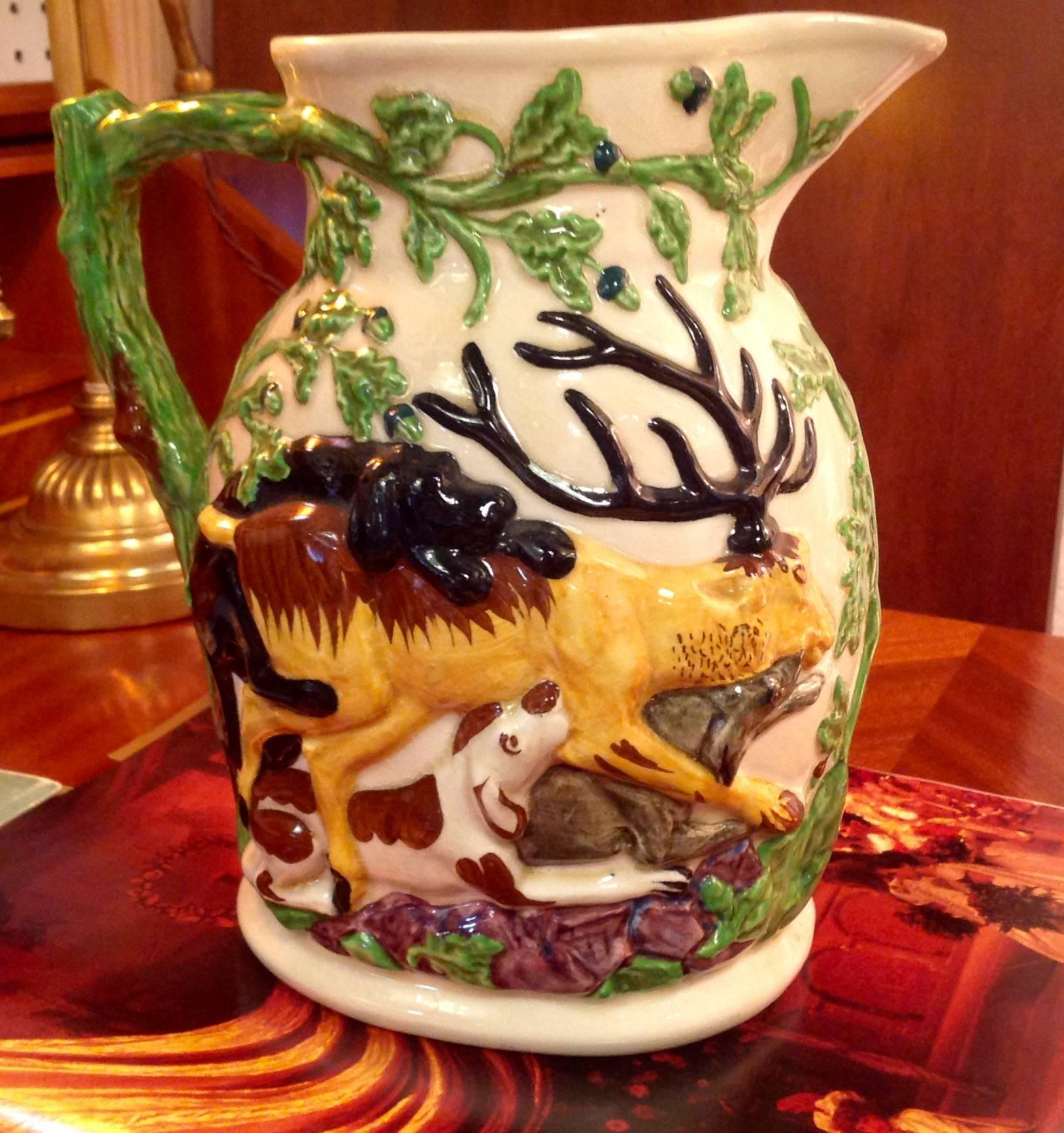 Mason's patent ironstone China pitcher,
with hunting scene, made in England.
Has Mason stamp on bottom, measures 8.25 inches High by 8 inches wide.