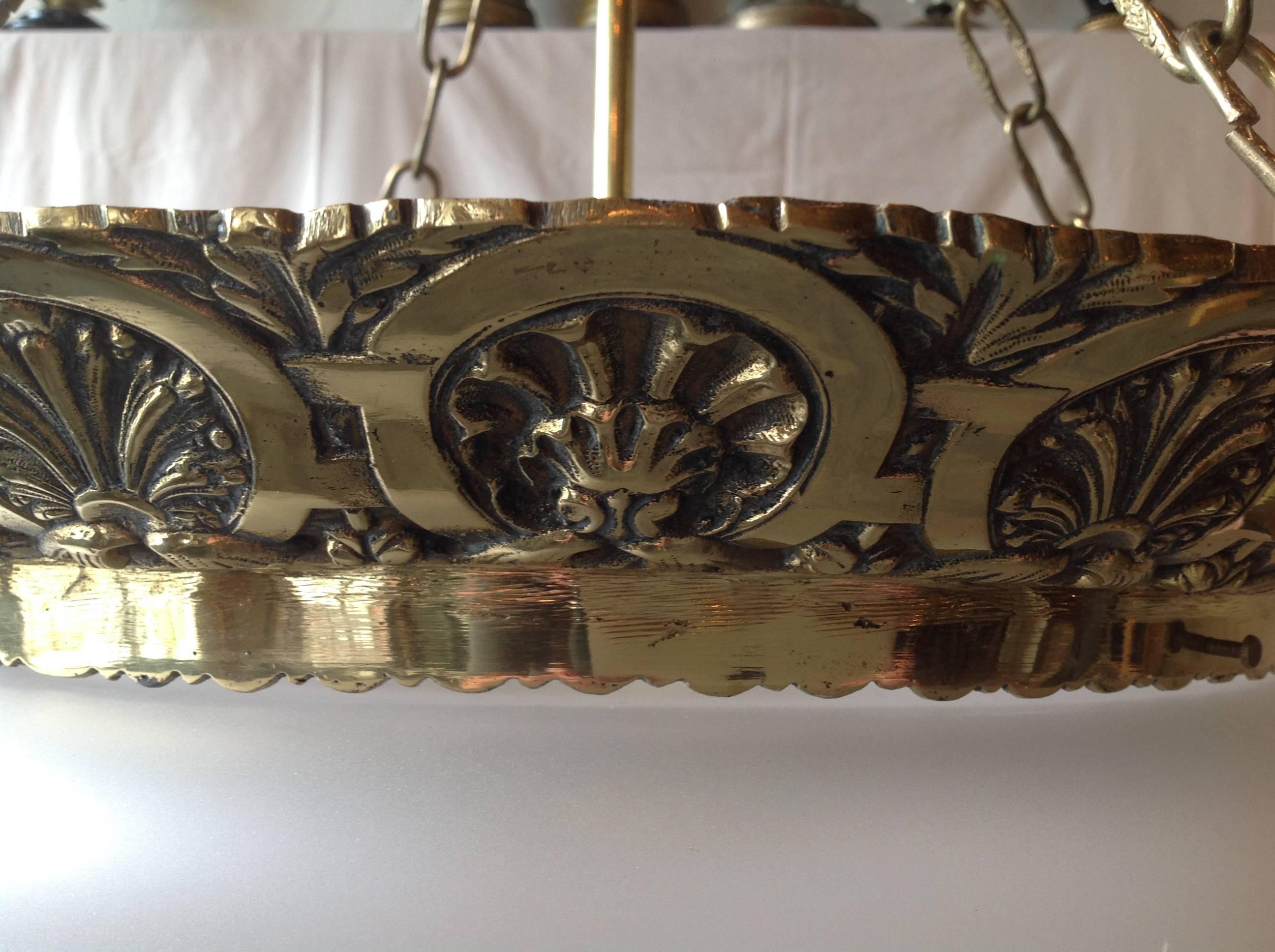 American Empire Pair of American 1920s Cast Brass with Crystal Bowl Chandeliers For Sale