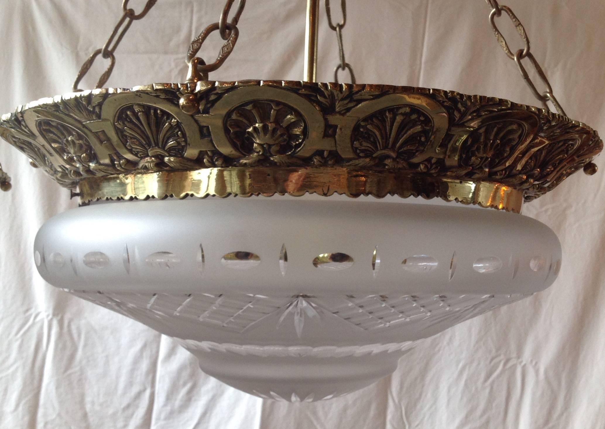 Pair of American 1920s Cast Brass with Crystal Bowl Chandeliers In Excellent Condition For Sale In Mobile, AL