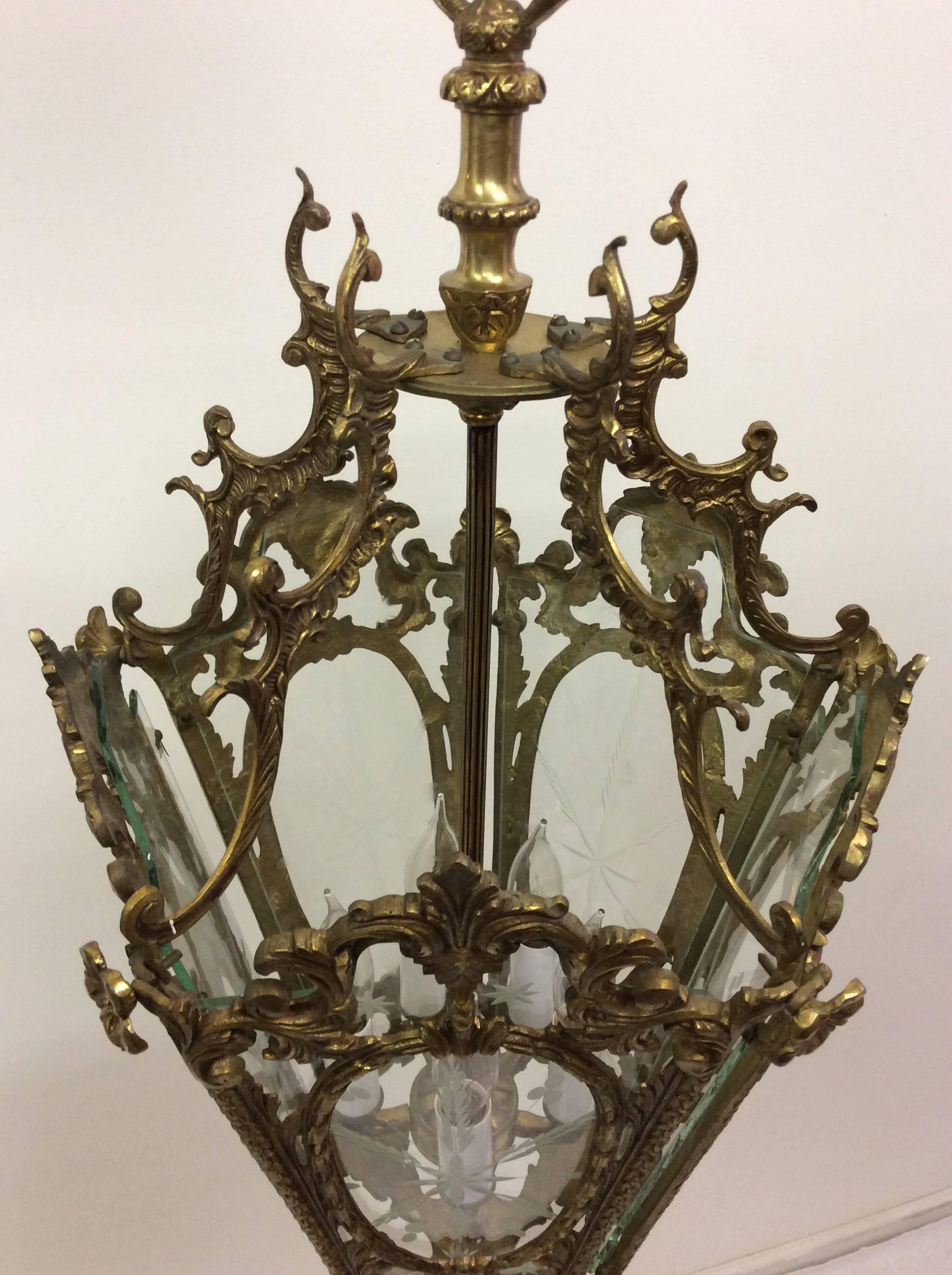 Spanish 1950s, Etched Glass Ornate Brass Lantern For Sale