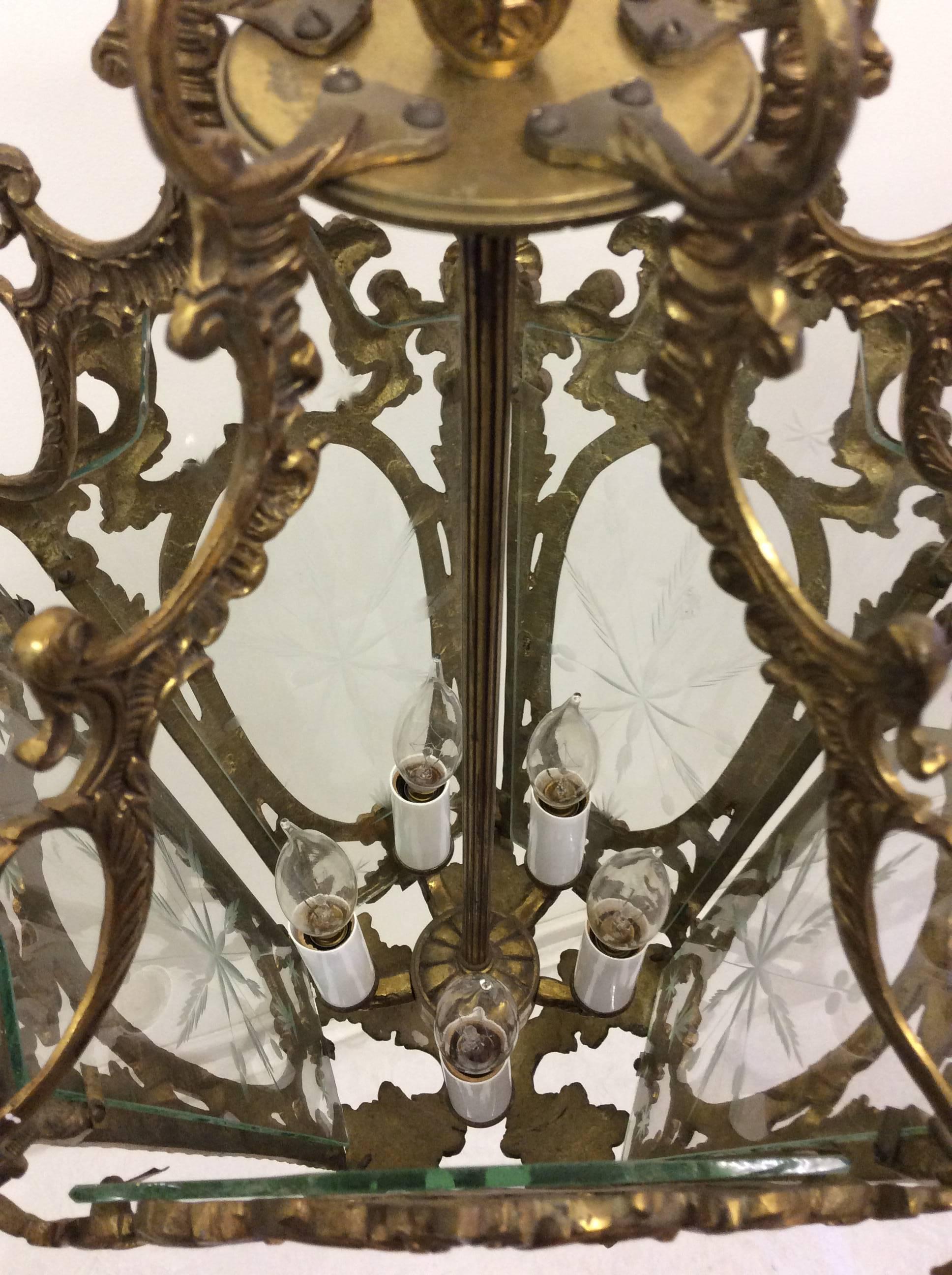 Mid-20th Century 1950s, Etched Glass Ornate Brass Lantern For Sale