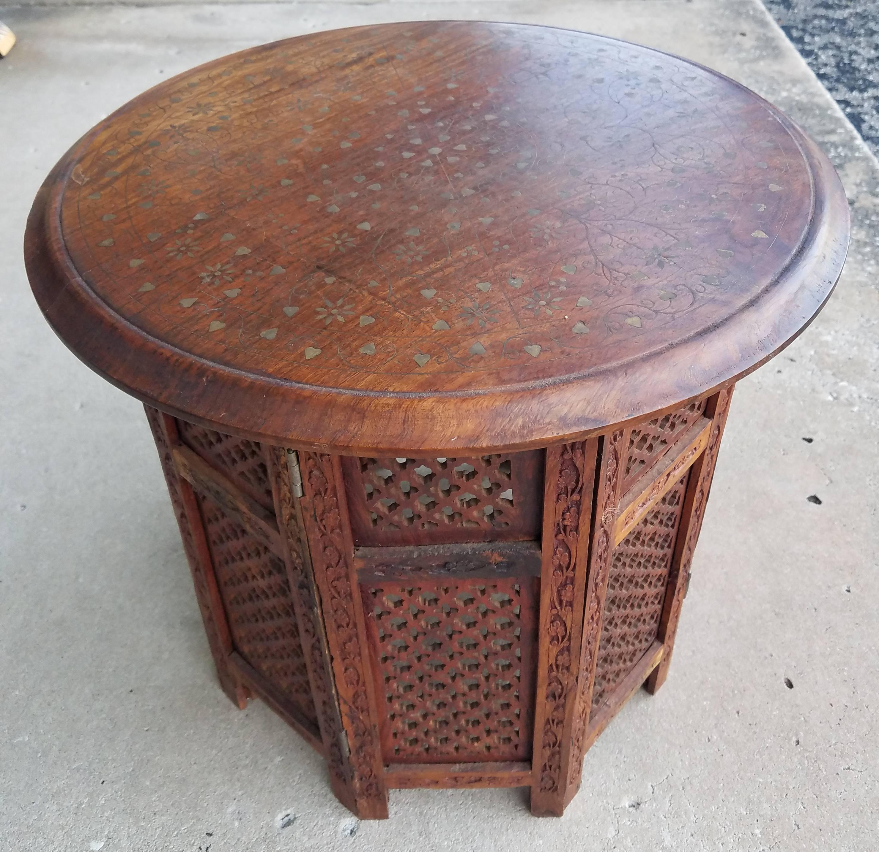 Indian Moroccan Carved Wooden Side Table, Copper Inlay 1