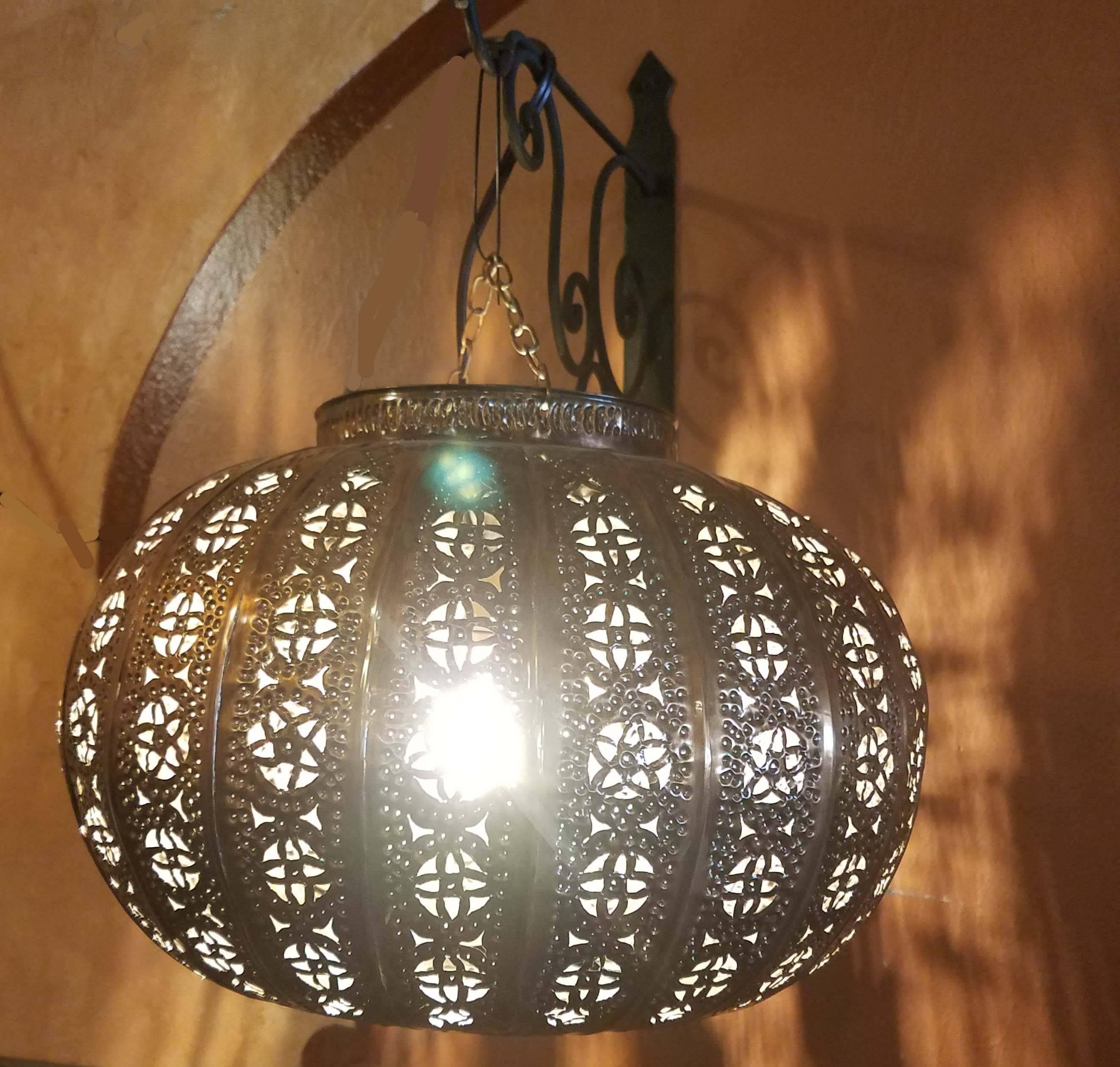 Contemporary Turkish Moroccan Handmade Copper Finish Multi-Color Glass Metal Lantern For Sale