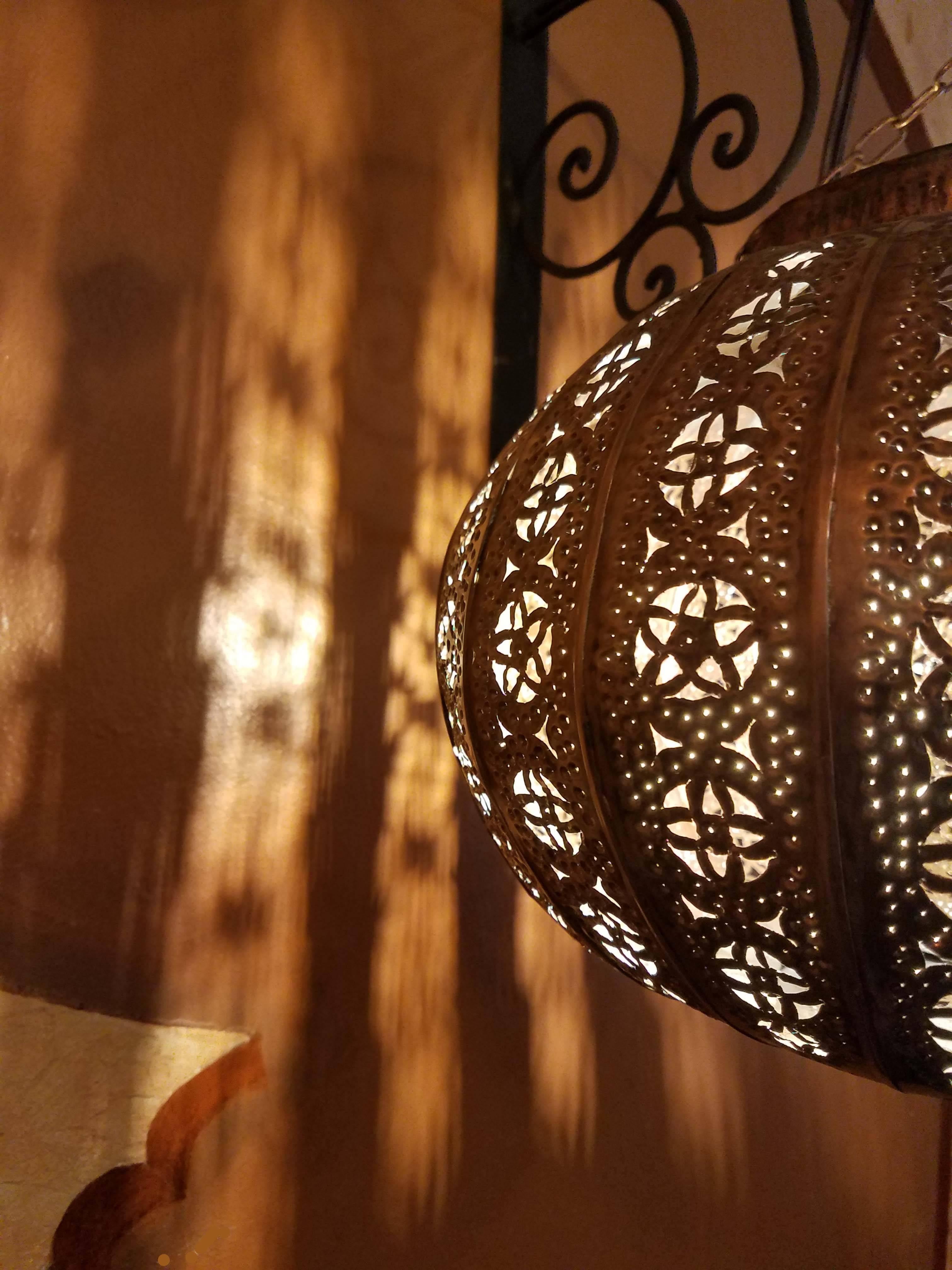 Glazed Turkish Moroccan Handmade Copper Finish Multi-Color Glass Metal Lantern For Sale