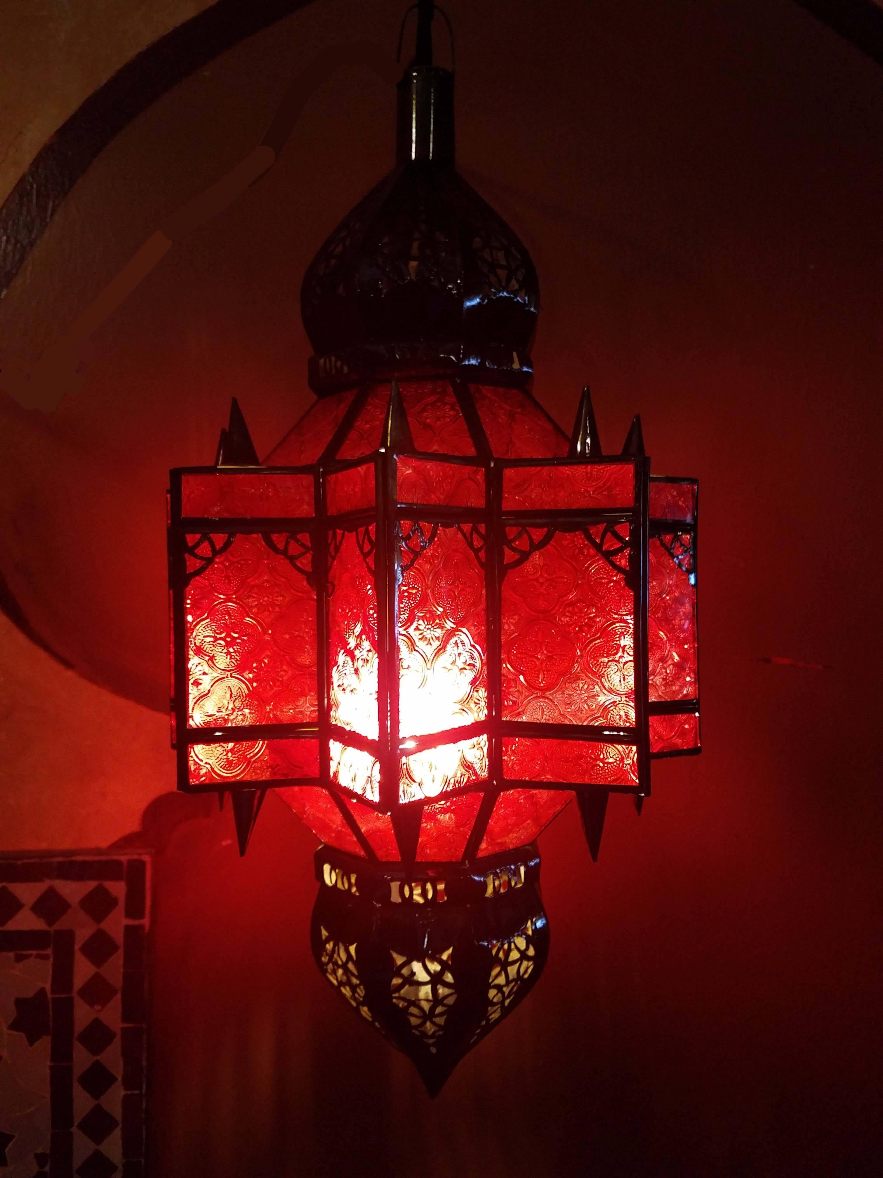 Frosted Moroccan Glass Lantern, Makki Style, Red Glass For Sale