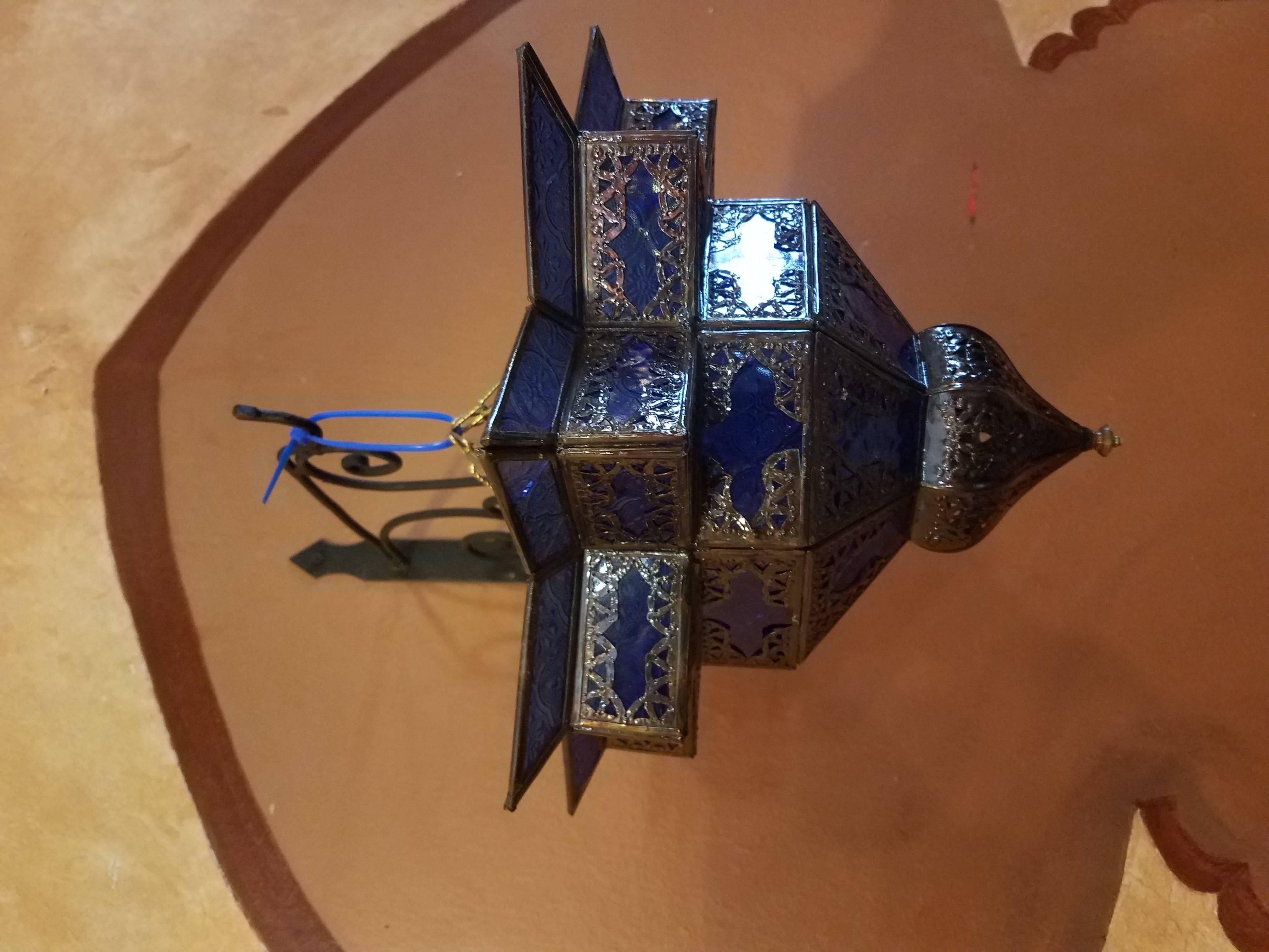 Moroccan Handmade Ceiling Light, Star Lantern in Blue Glass In Excellent Condition In Orlando, FL