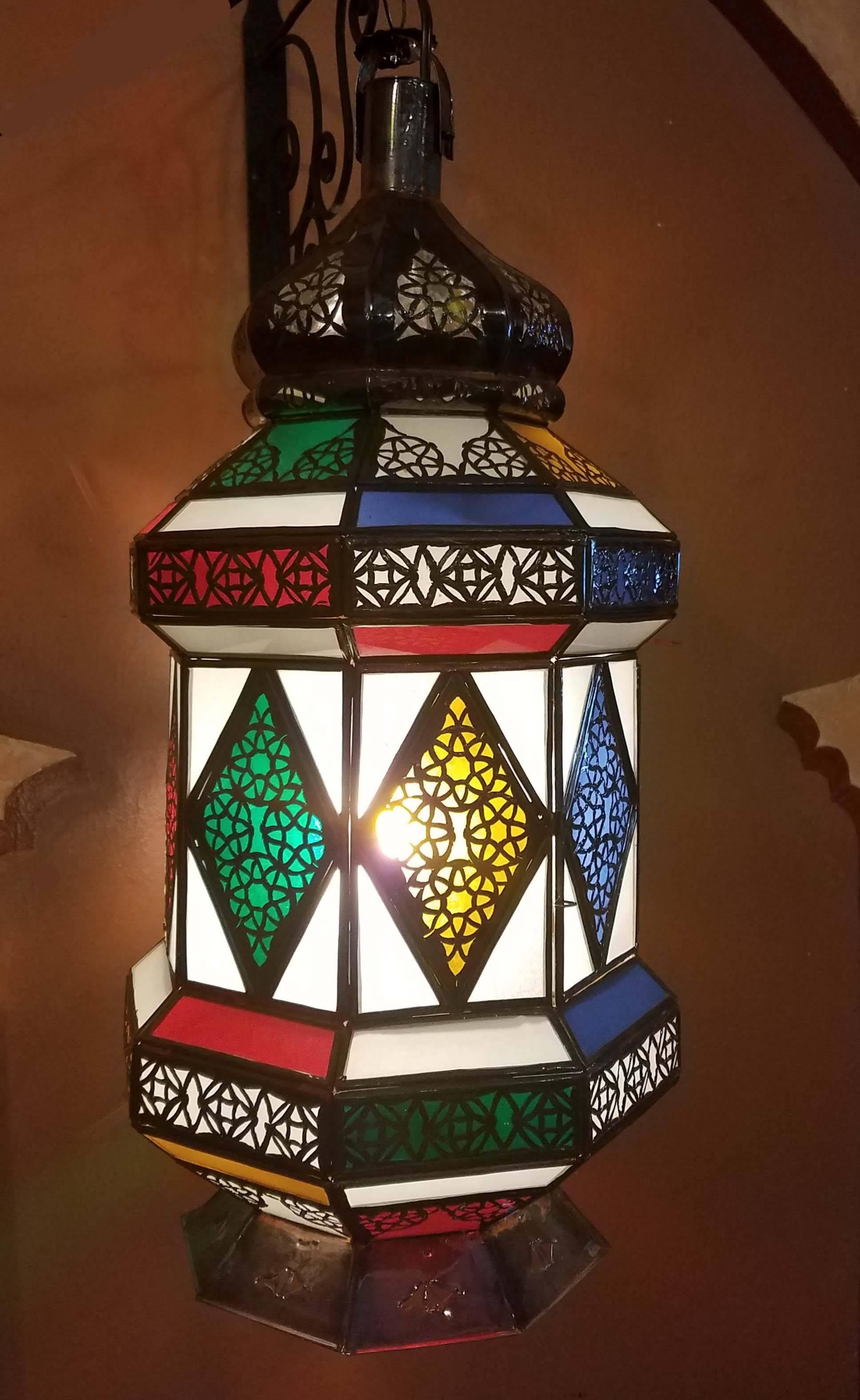 Large size Moroccan flat bottom multi-color glass lantern, Winter style on a copper stained frame, measuring approximately 27