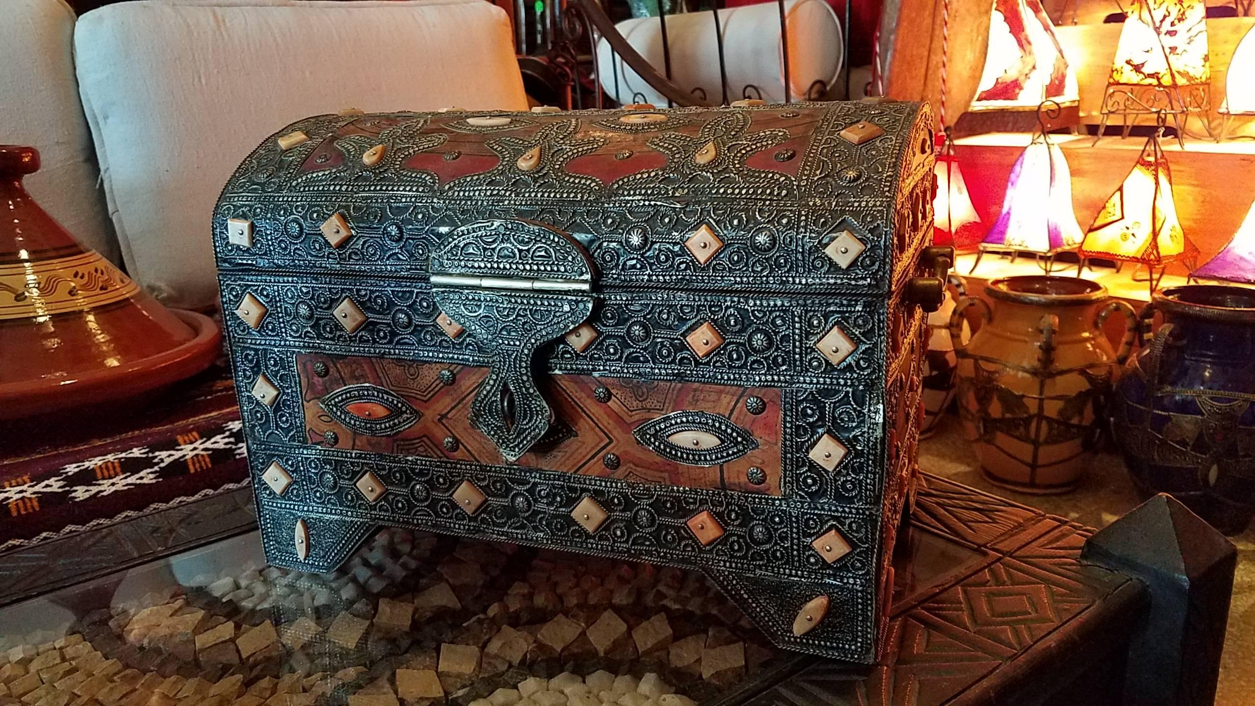 Inlay Camel Bone / Metal Inlaid Moroccan Wooden Trunk For Sale