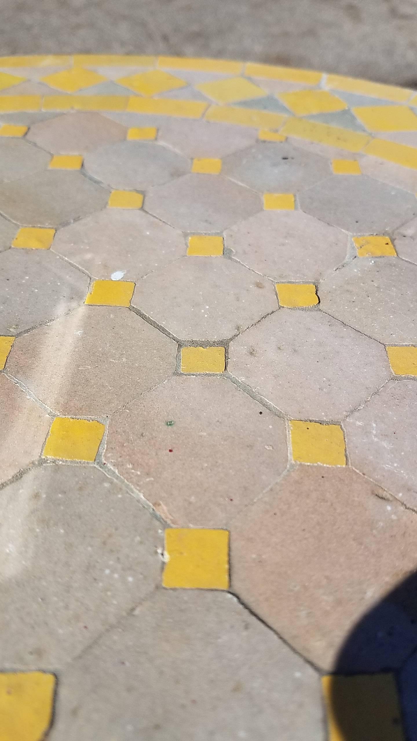 Yellow / Tan Moroccan Mosaic Table, Wrought Iron Base In Good Condition For Sale In Orlando, FL