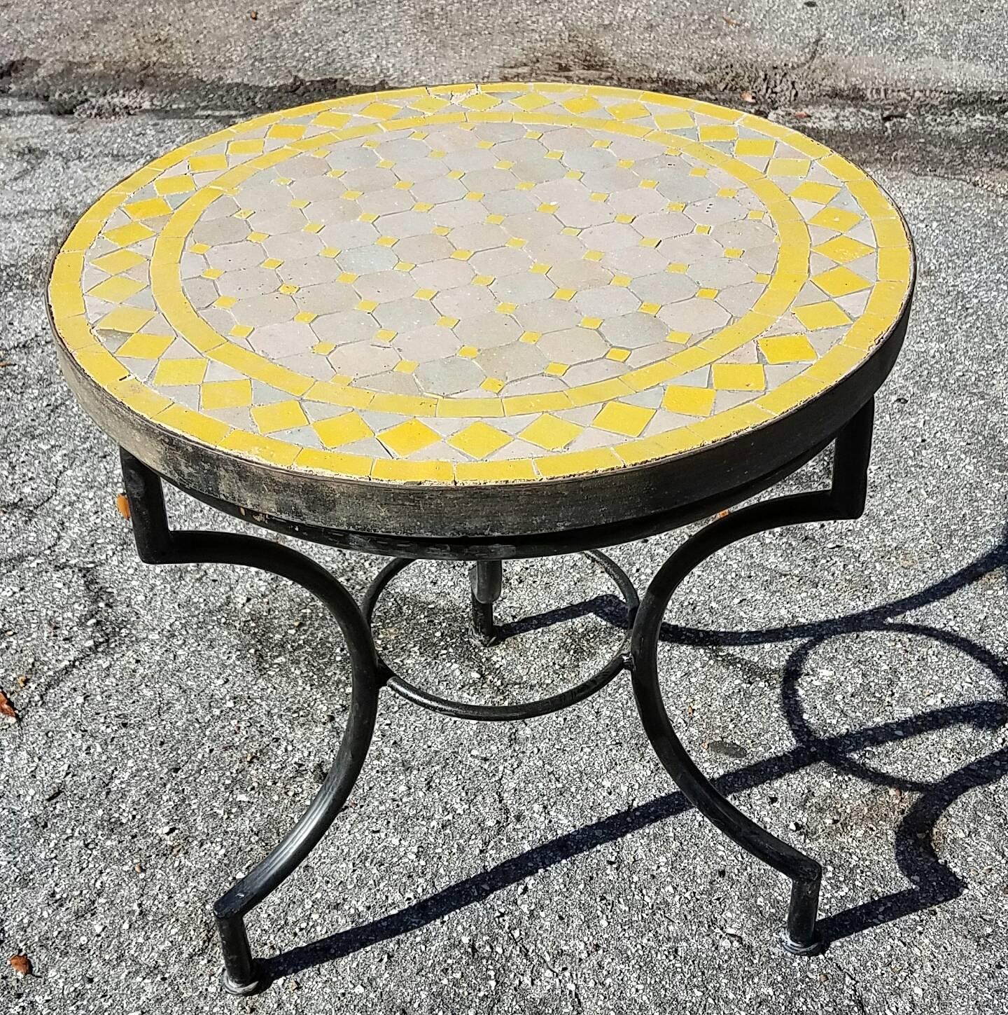 Yellow / Tan Moroccan Mosaic Table, Wrought Iron Base For Sale 1