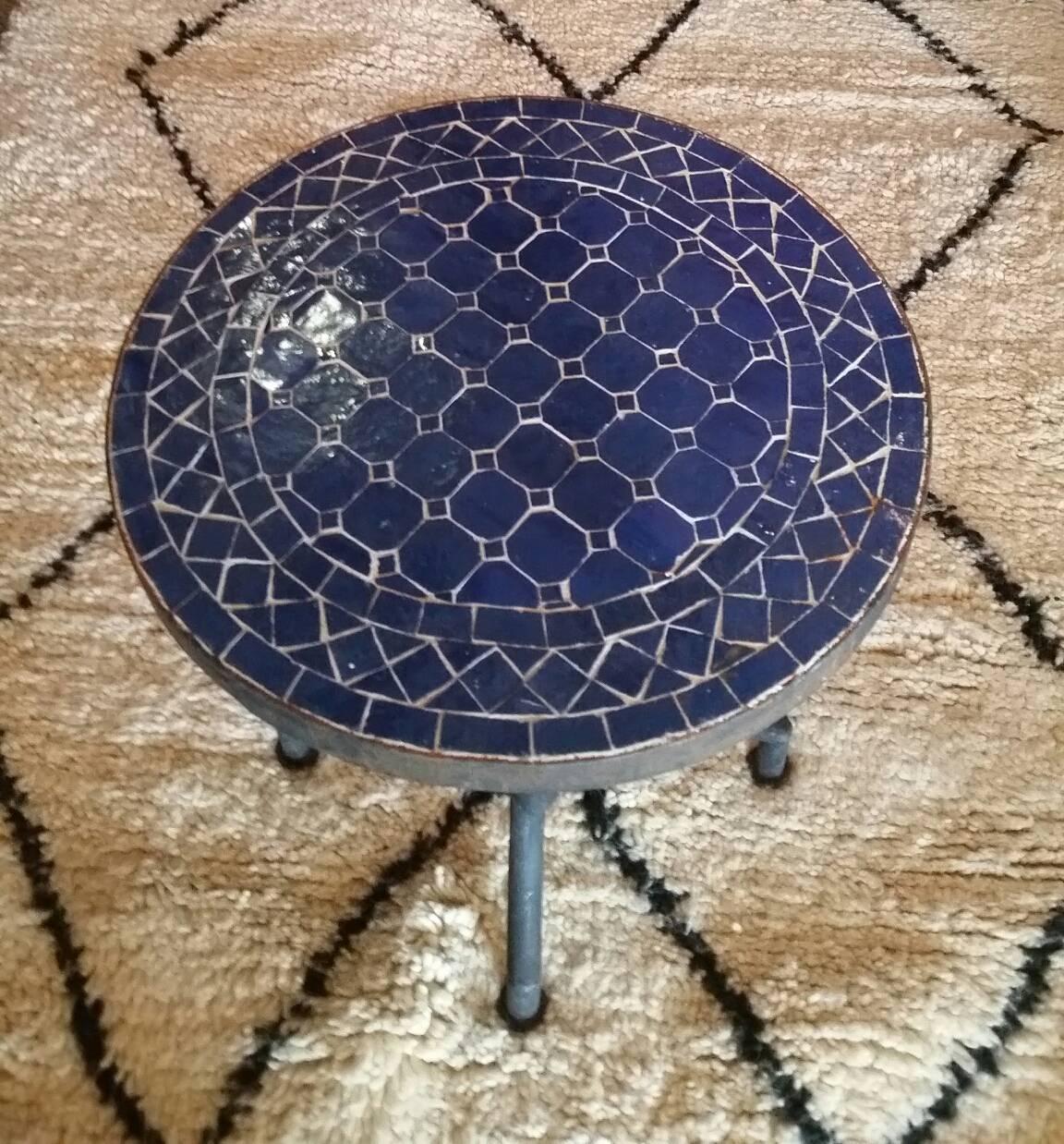 All Blue Mosaic Table, Wrought Iron Base In Excellent Condition In Orlando, FL