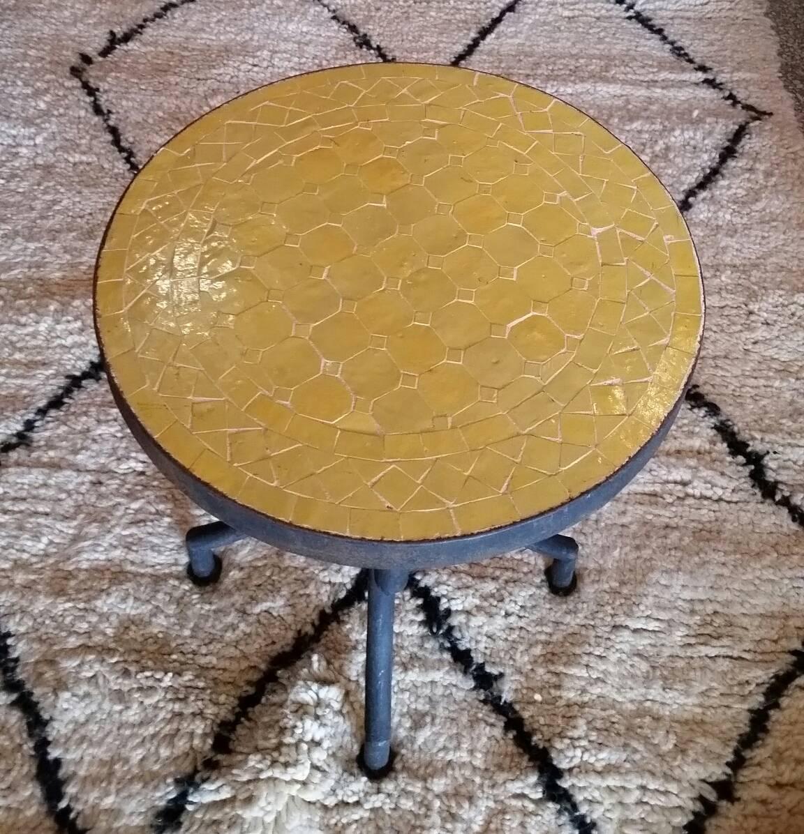 Moroccan All Yellow Mosaic Table, Wrought Iron Base For Sale