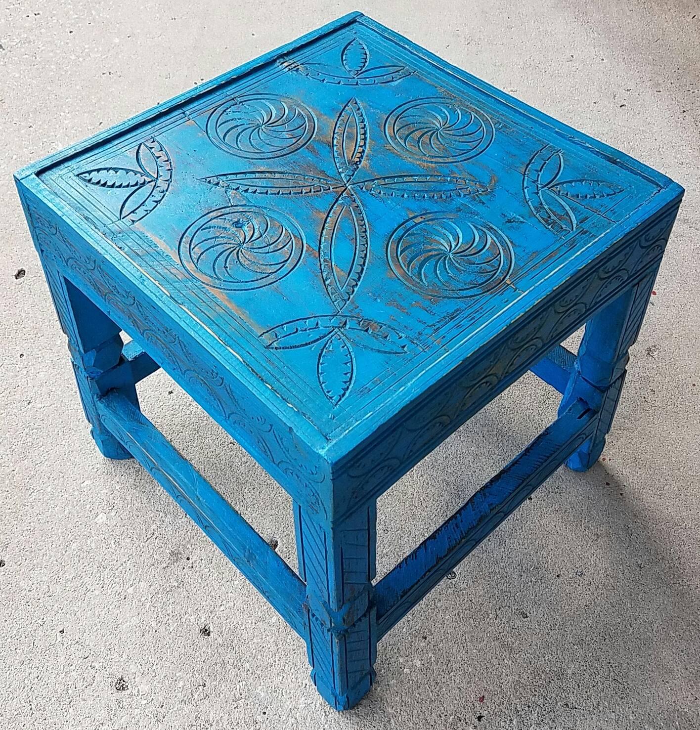 Moroccan Aged Cedar Wood Side Table, Dark Turquoise For Sale 1