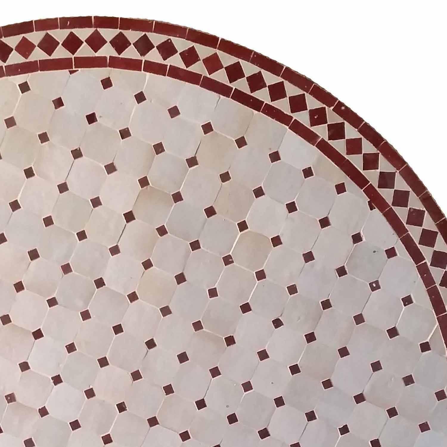 Round Moroccan Mosaic Table, Natural / Burgundy In Excellent Condition For Sale In Orlando, FL