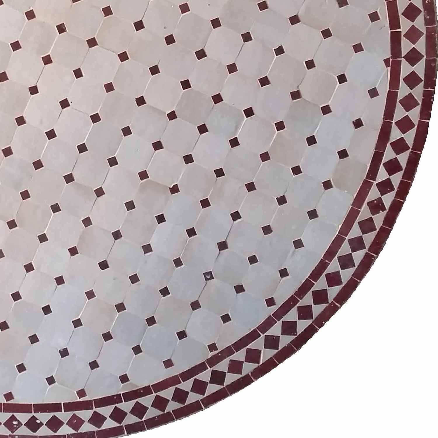 Contemporary Round Moroccan Mosaic Table, Natural / Burgundy For Sale
