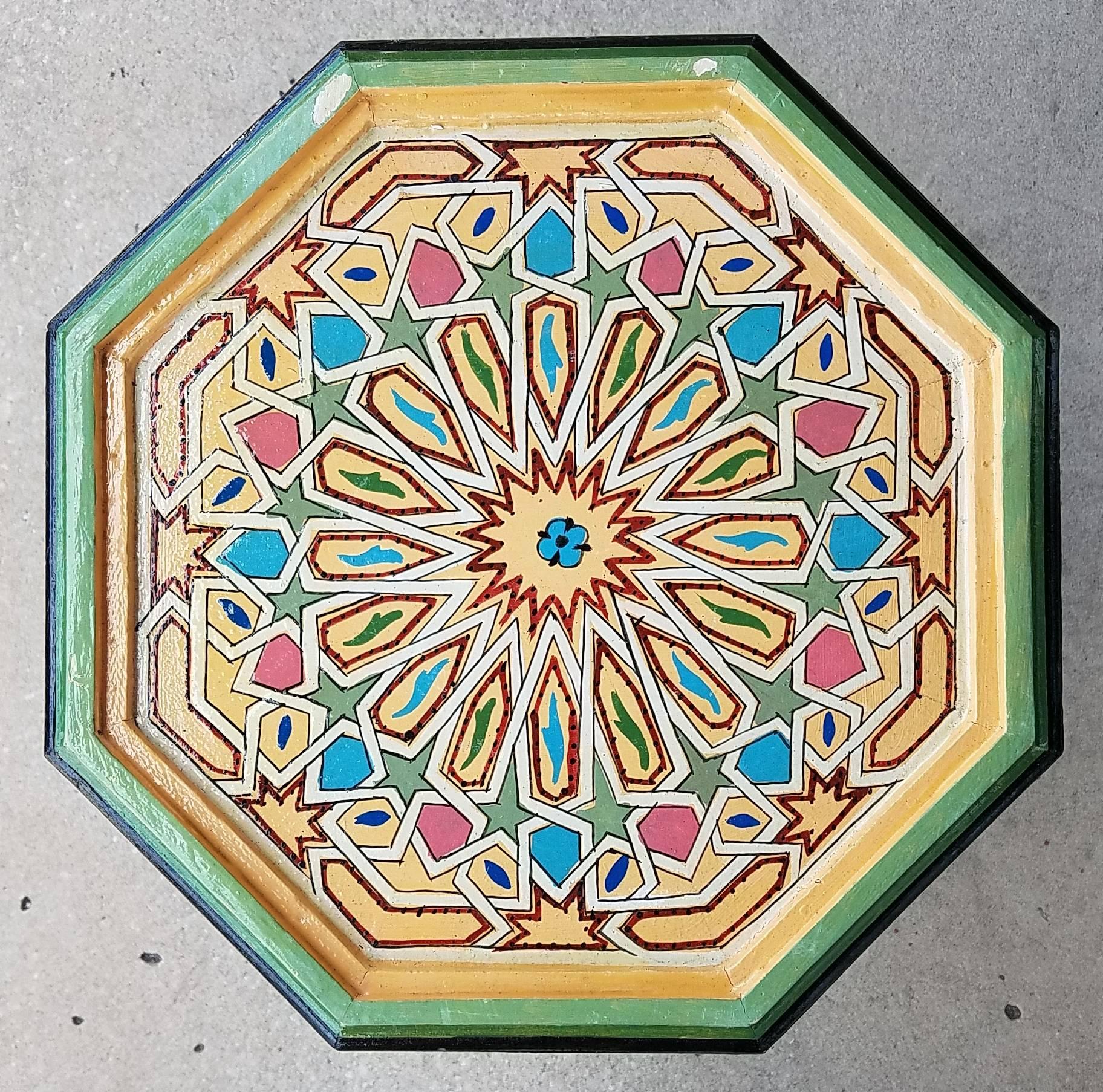 Rare find! 100% hand-painted Moroccan octagonal shape side table. Great handcraftsmanship throughout. Beautiful add-on to your decor. This table measures approximately 28? in height, 16? in diameter (14? at the base). Please contact us for more