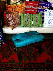Handmade Moroccan Camel Saddle, Turquoise Leather Cushion