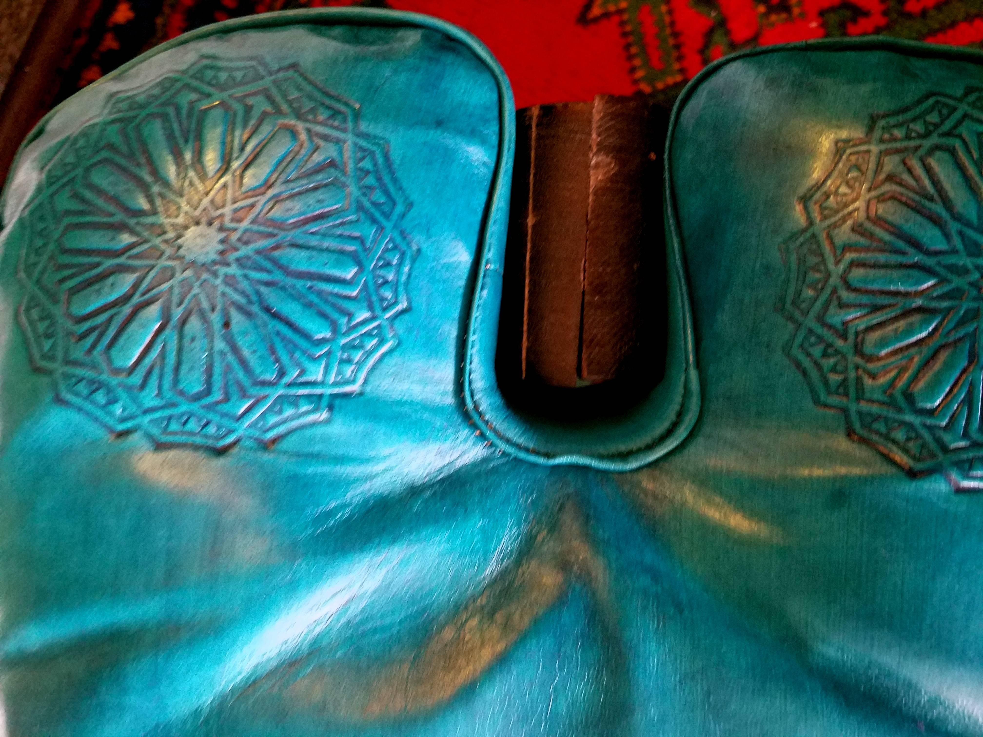 Contemporary Handmade Moroccan Camel Saddle, Turquoise Leather Cushion For Sale