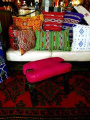 Handmade Moroccan Camel Saddle, Hot Pink Leather Cushion
