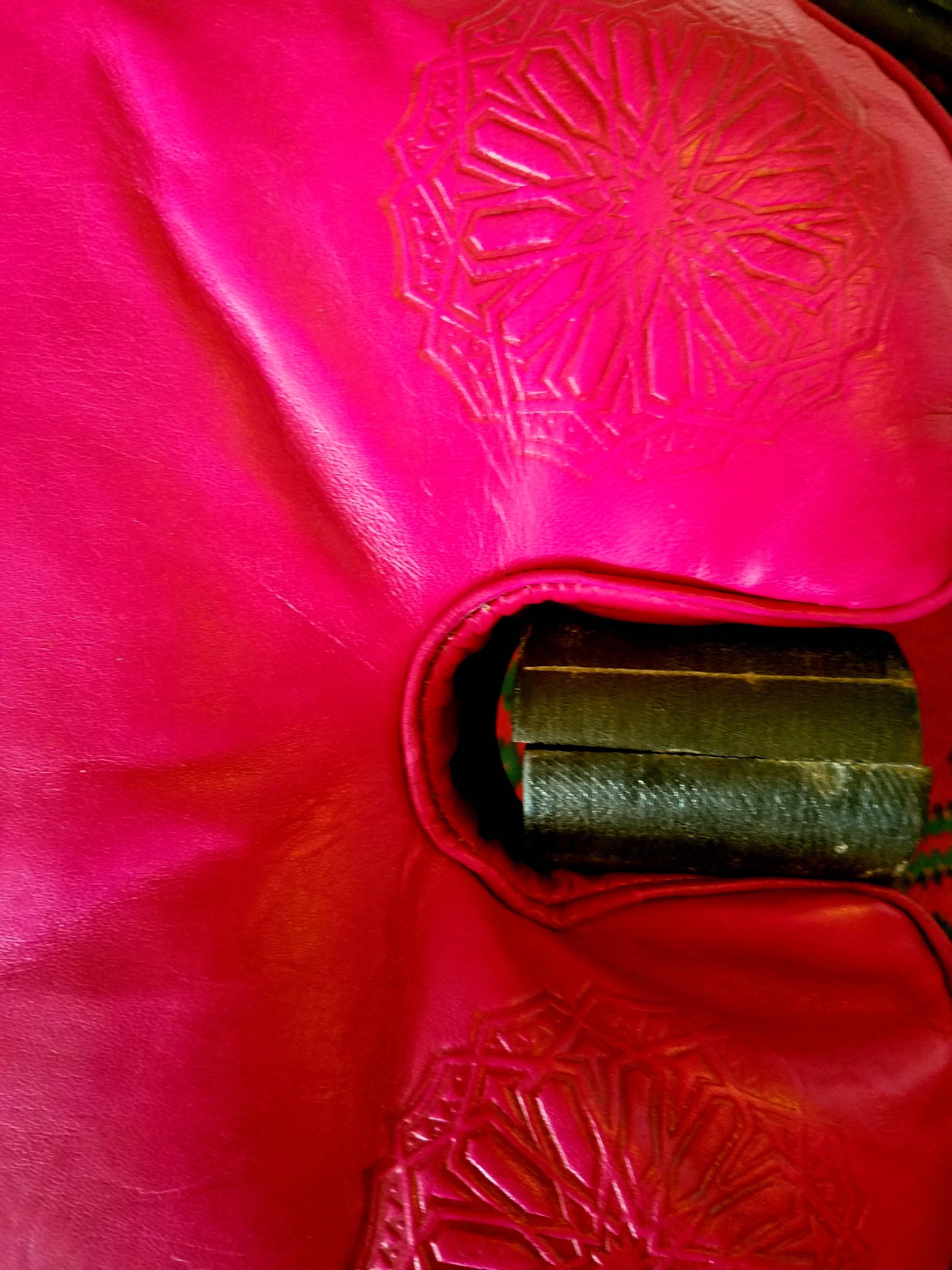 Handmade Moroccan Camel Saddle, Hot Pink Leather Cushion For Sale 1