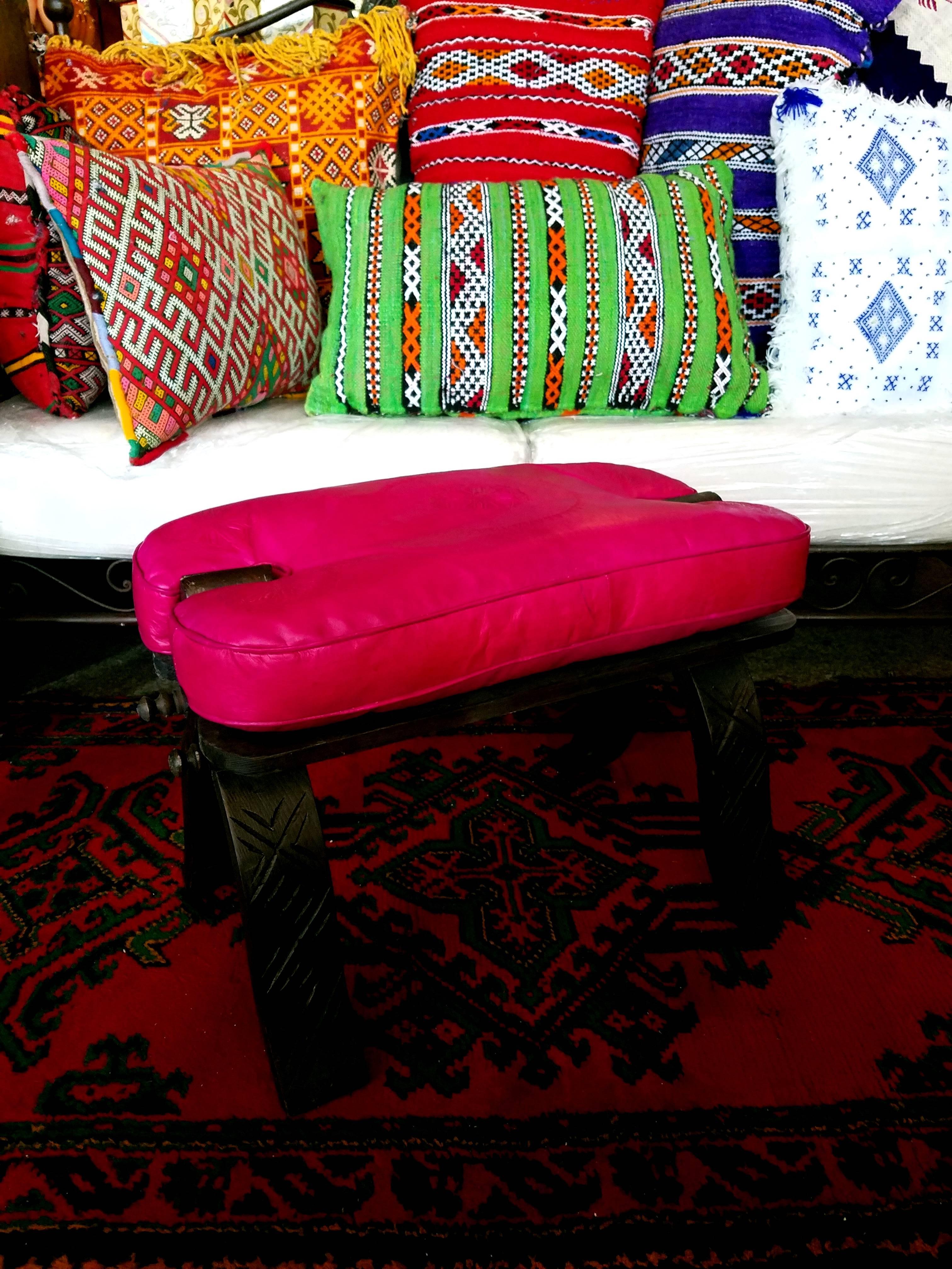 Handmade Moroccan Camel Saddle, Hot Pink Leather Cushion For Sale 2