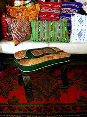 Handmade Moroccan Camel Saddle, Tan / Green Leather Cushion