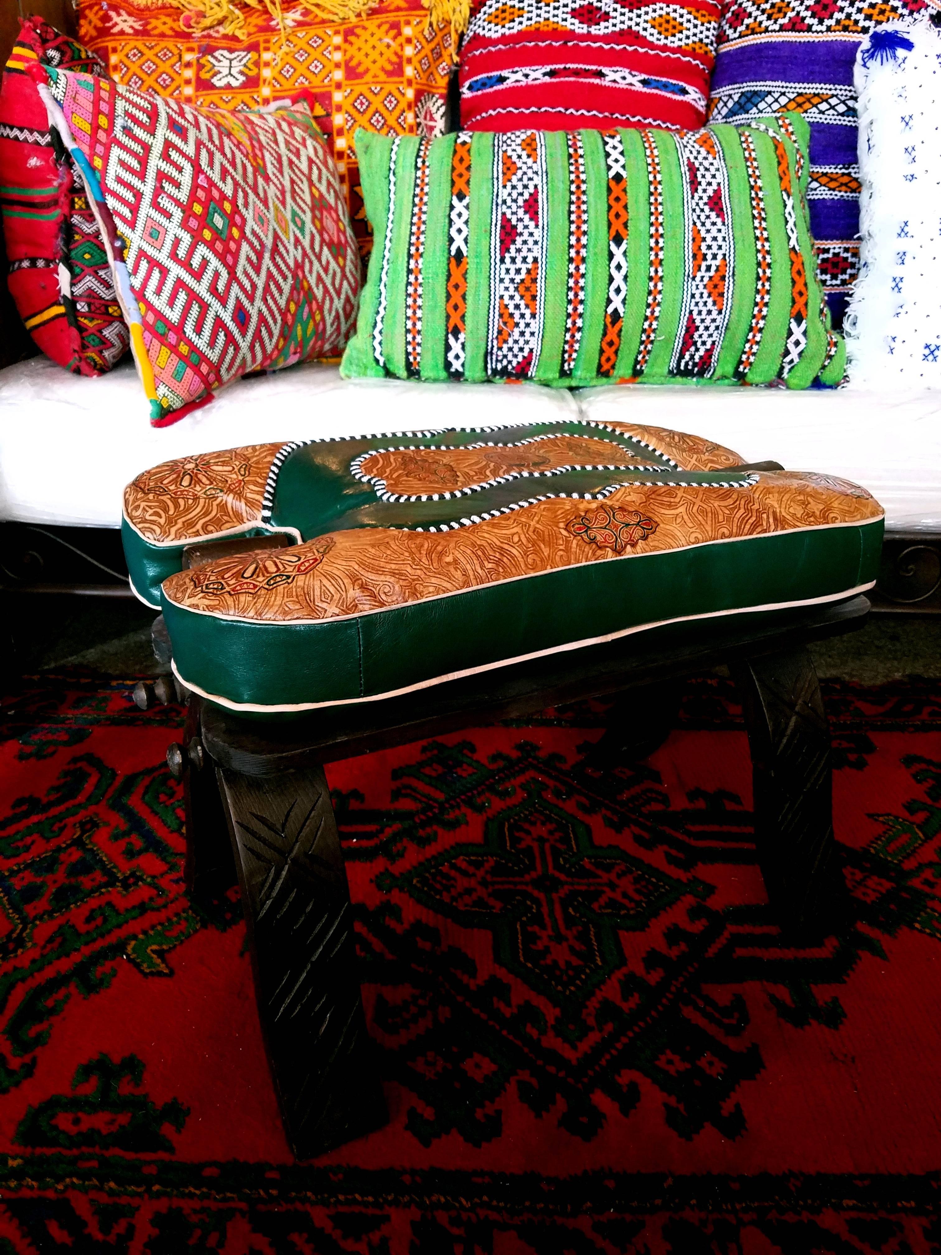 Contemporary Handmade Moroccan Camel Saddle, Tan / Green Leather Cushion For Sale