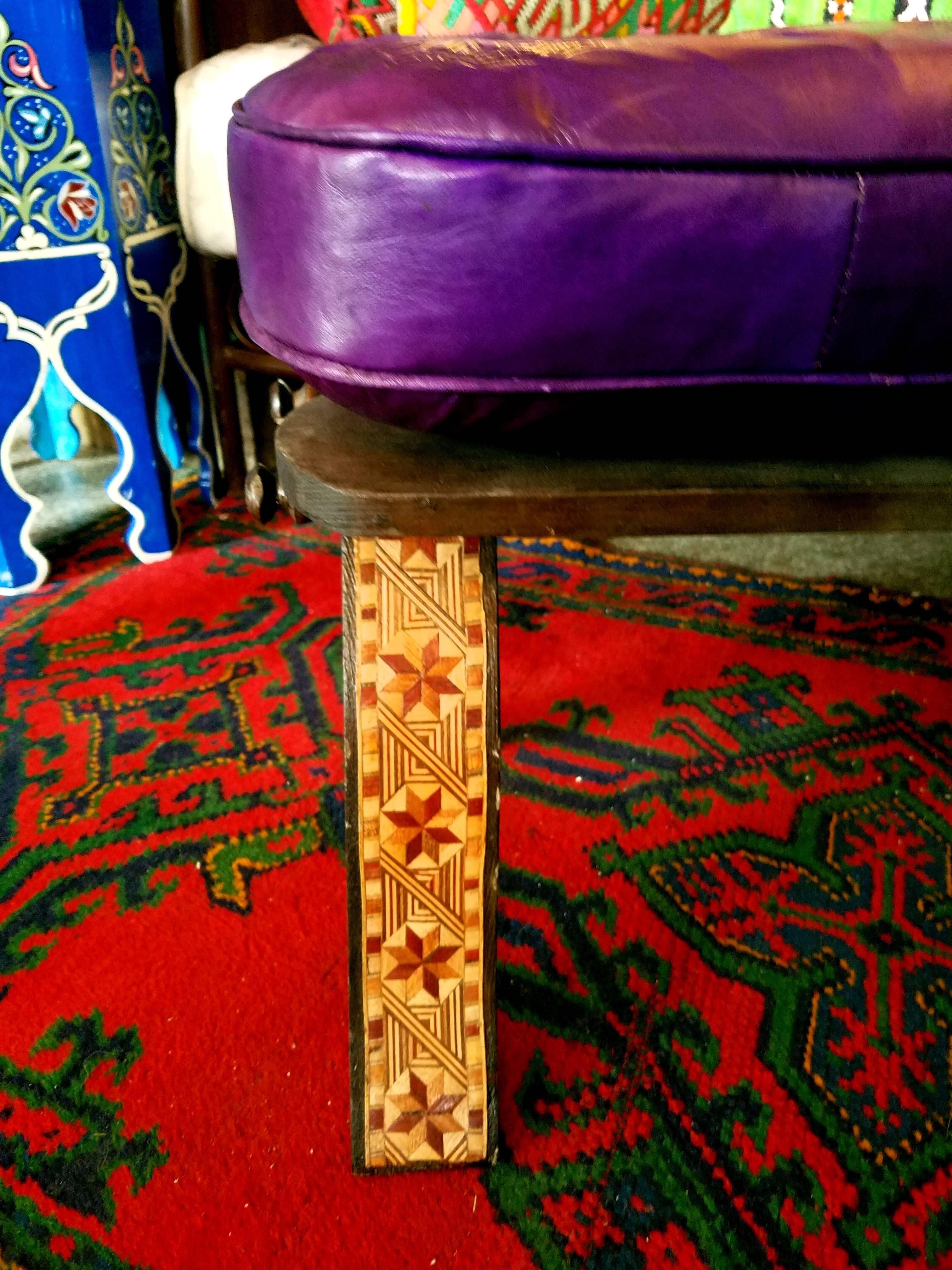 Handmade Moroccan Camel Saddle Bright Purple Leather Cushion In Excellent Condition For Sale In Orlando, FL