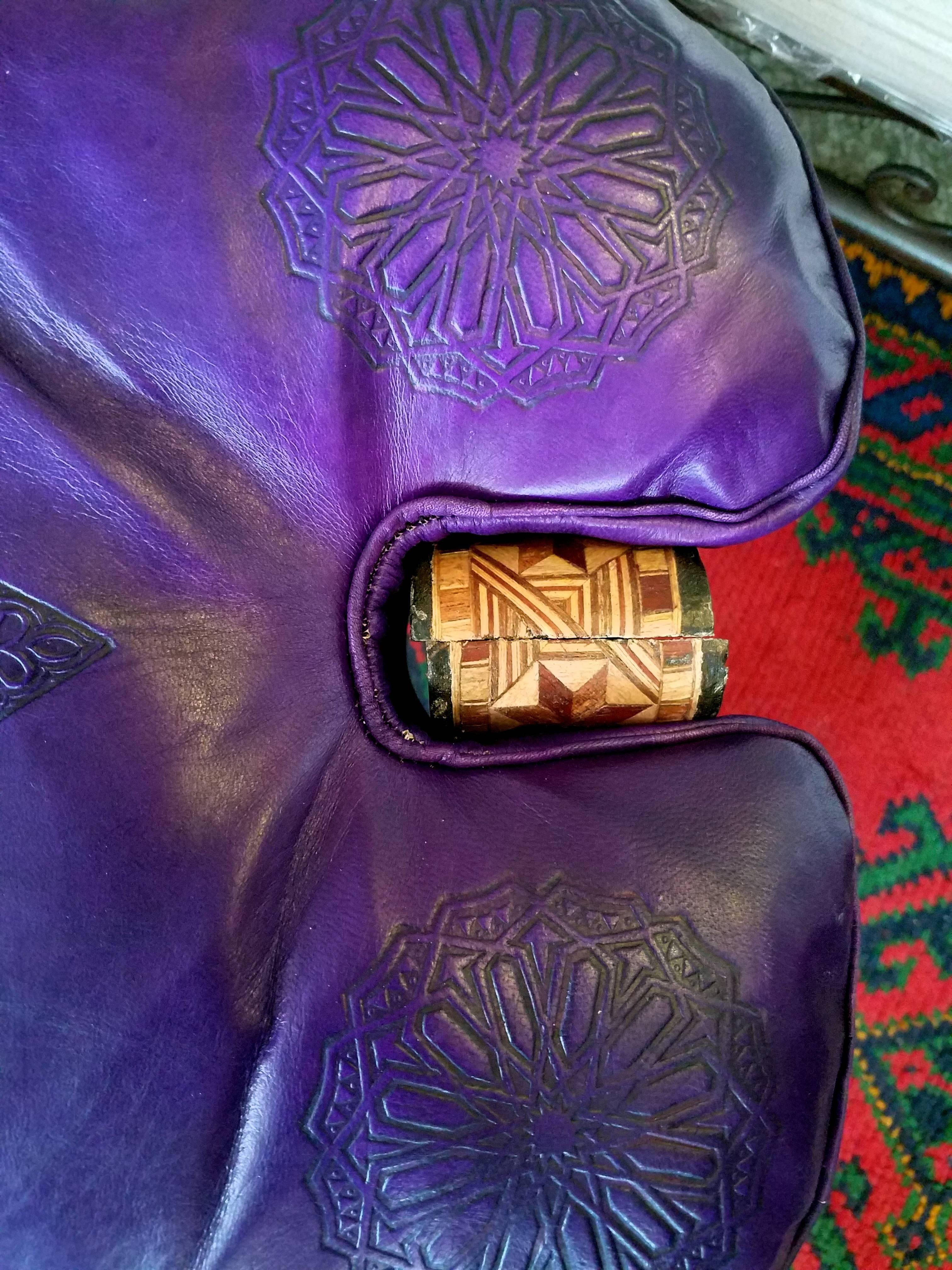 Handmade Moroccan Camel Saddle Bright Purple Leather Cushion For Sale 1