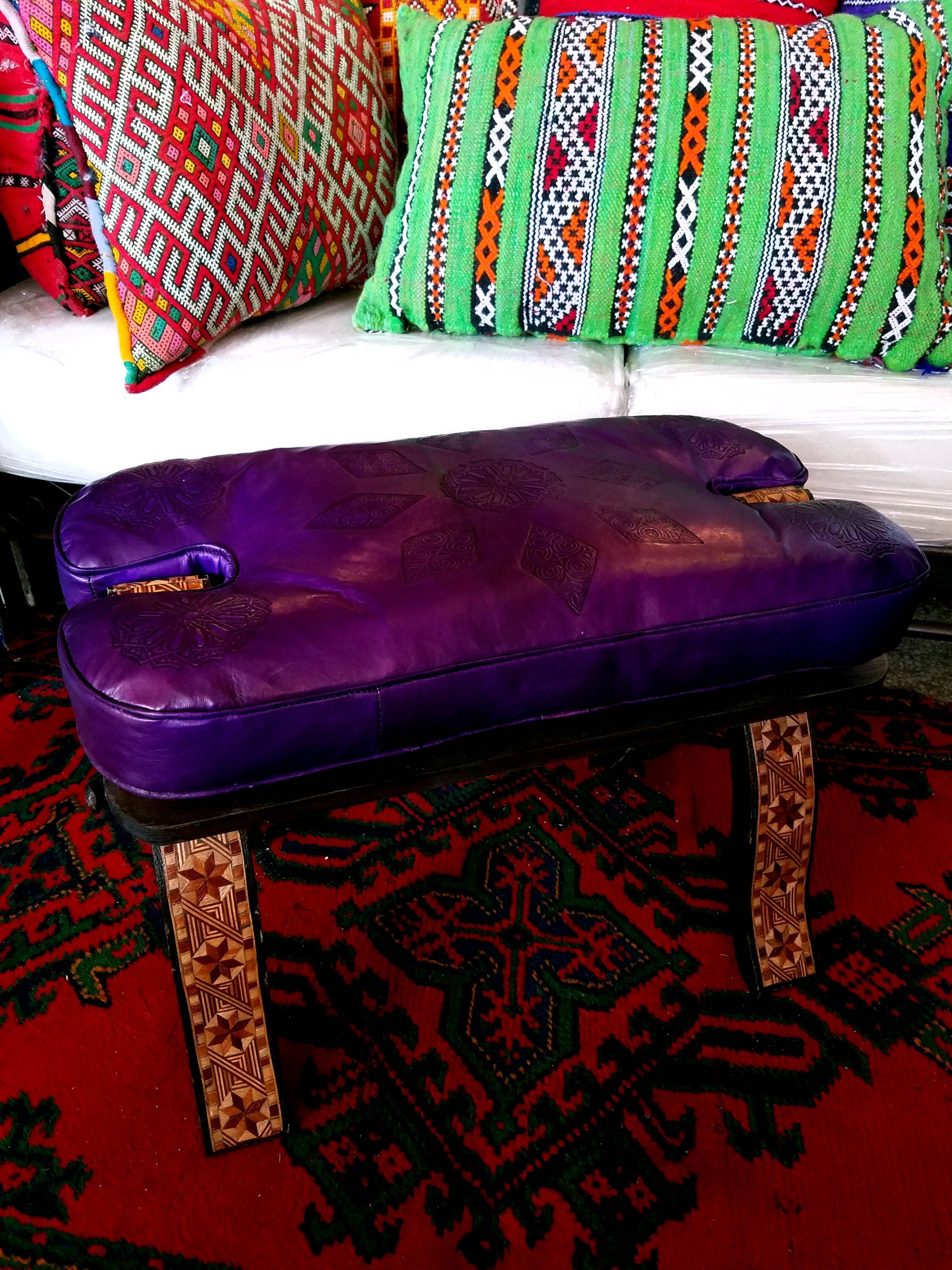 Handmade Moroccan Camel Saddle Bright Purple Leather Cushion For Sale 2