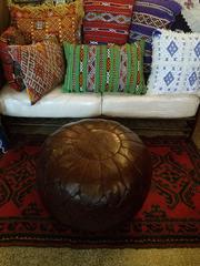 Oversize Moroccan Leather Pouf, Dark Chocolate Brown