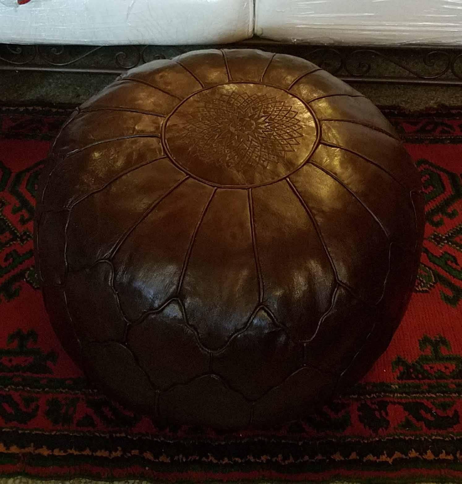 Oversize Moroccan Leather Pouf, Dark Chocolate Brown In Excellent Condition For Sale In Orlando, FL