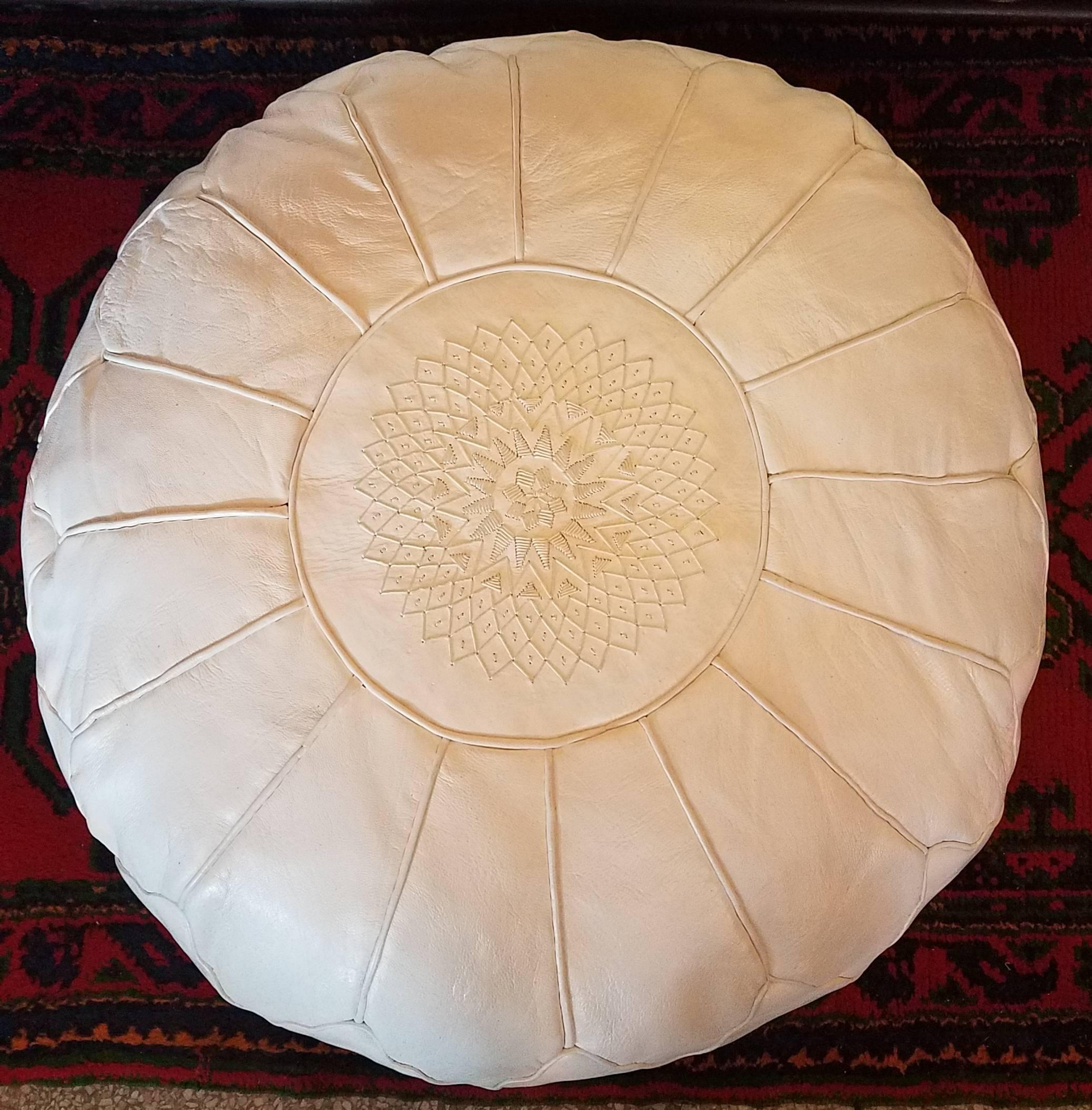 Contemporary Oversize Moroccan Leather Pouf, Snow White For Sale