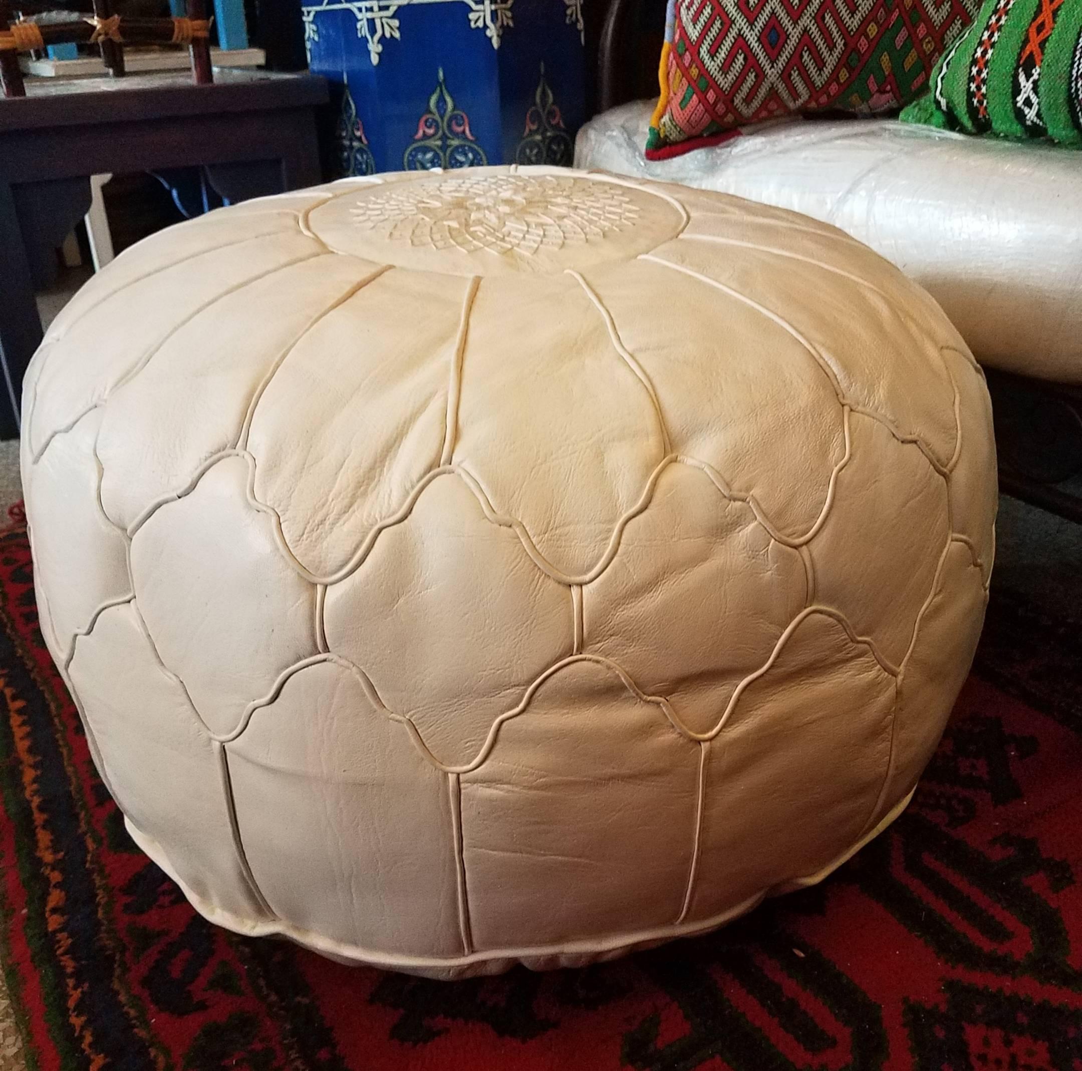 Oversize Moroccan Leather Pouf, Snow White For Sale 1