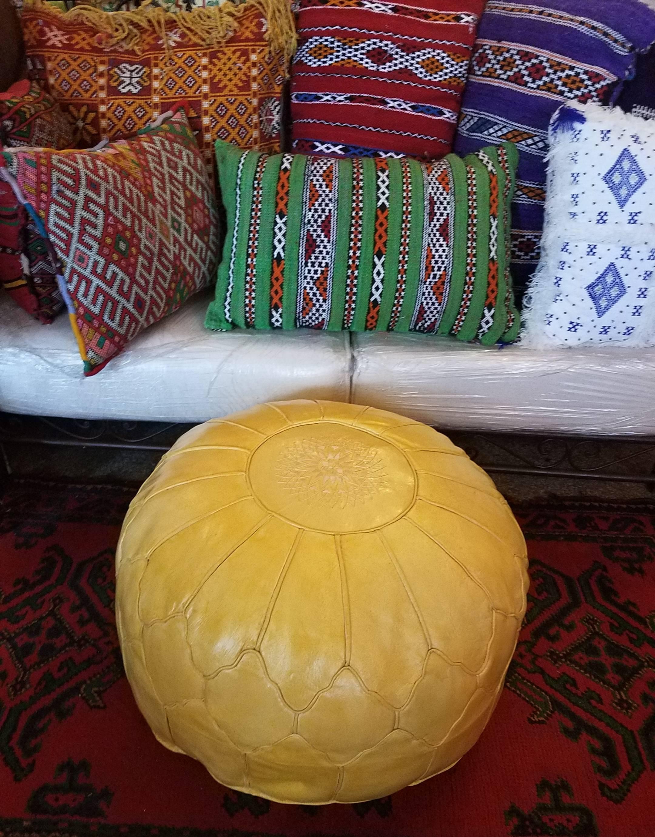 Oversize Moroccan Leather Pouf in Saffron Yellow In Excellent Condition For Sale In Orlando, FL