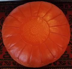 Oversize Moroccan Leather Pouf, Bright Orange
