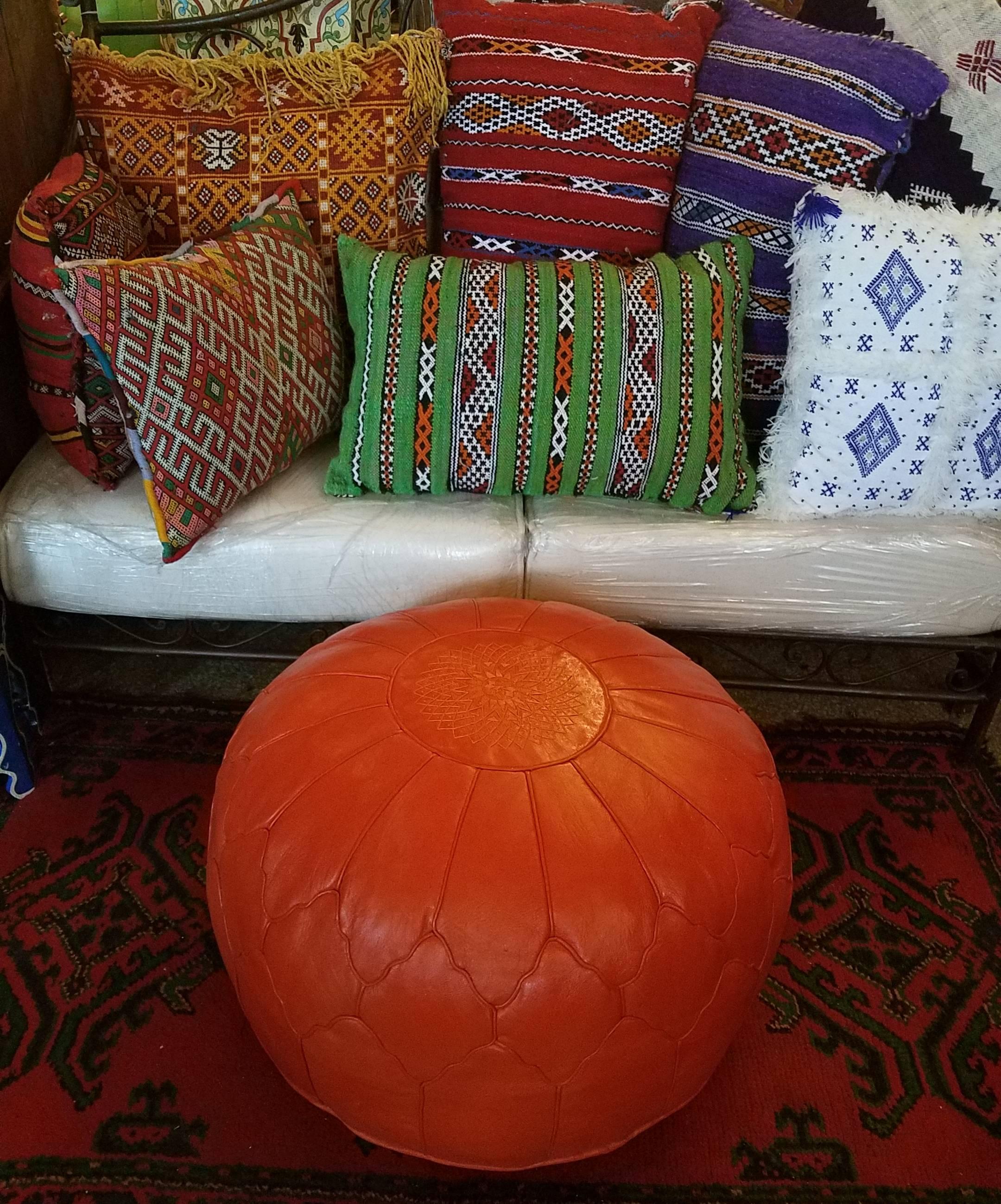 Oversize Moroccan Leather Pouf, Bright Orange In Excellent Condition For Sale In Orlando, FL