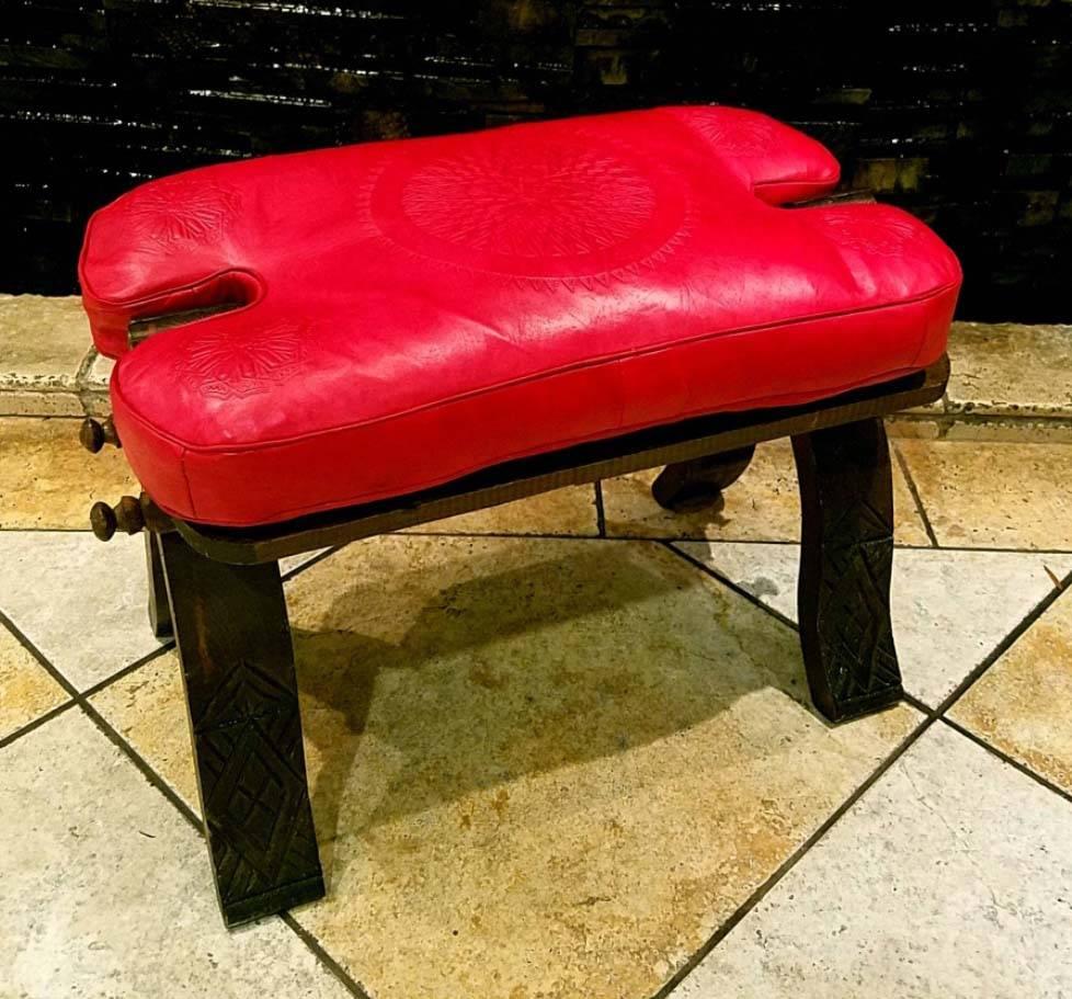 Handmade Moroccan Camel Saddle, All Red Cushion 2
