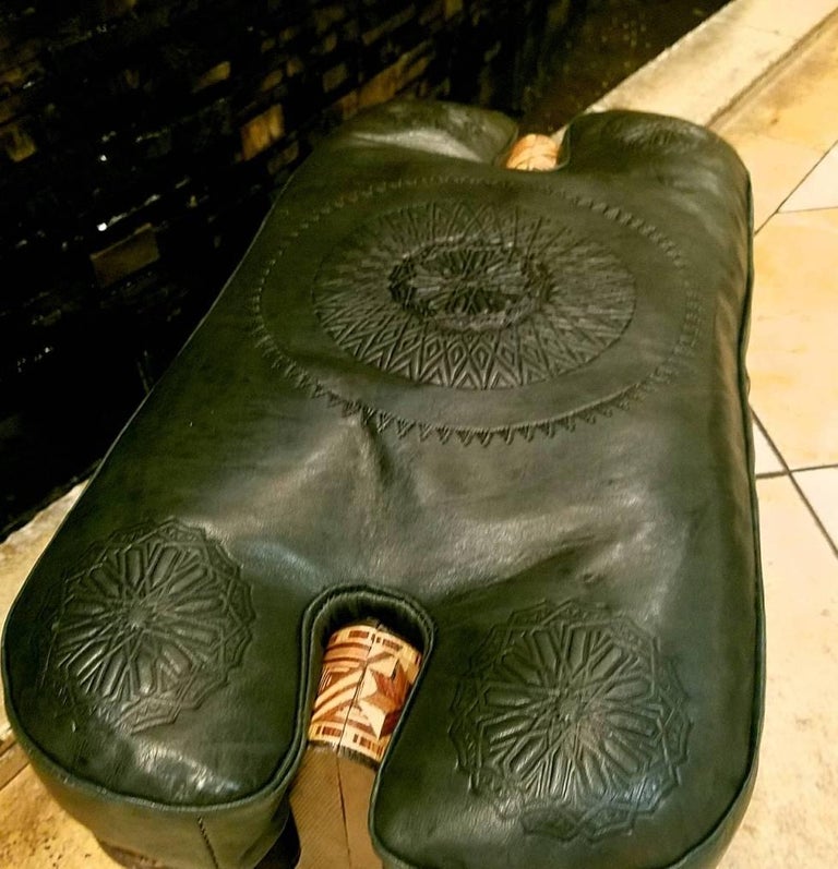 Handmade Moroccan Camel Saddle, Dark Grey Leather Cushion 