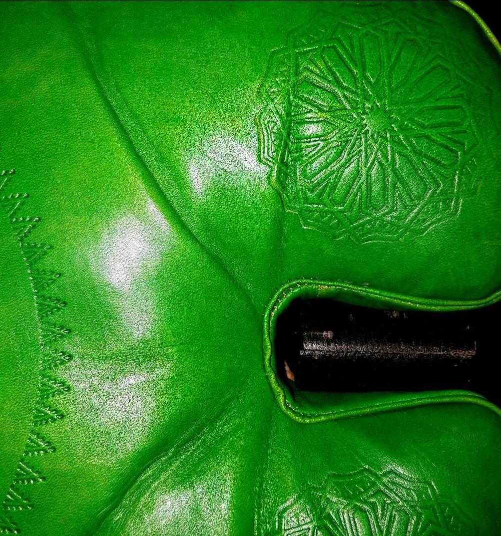 Contemporary Handmade Moroccan Camel Saddle, Lime Green Leather Cushion