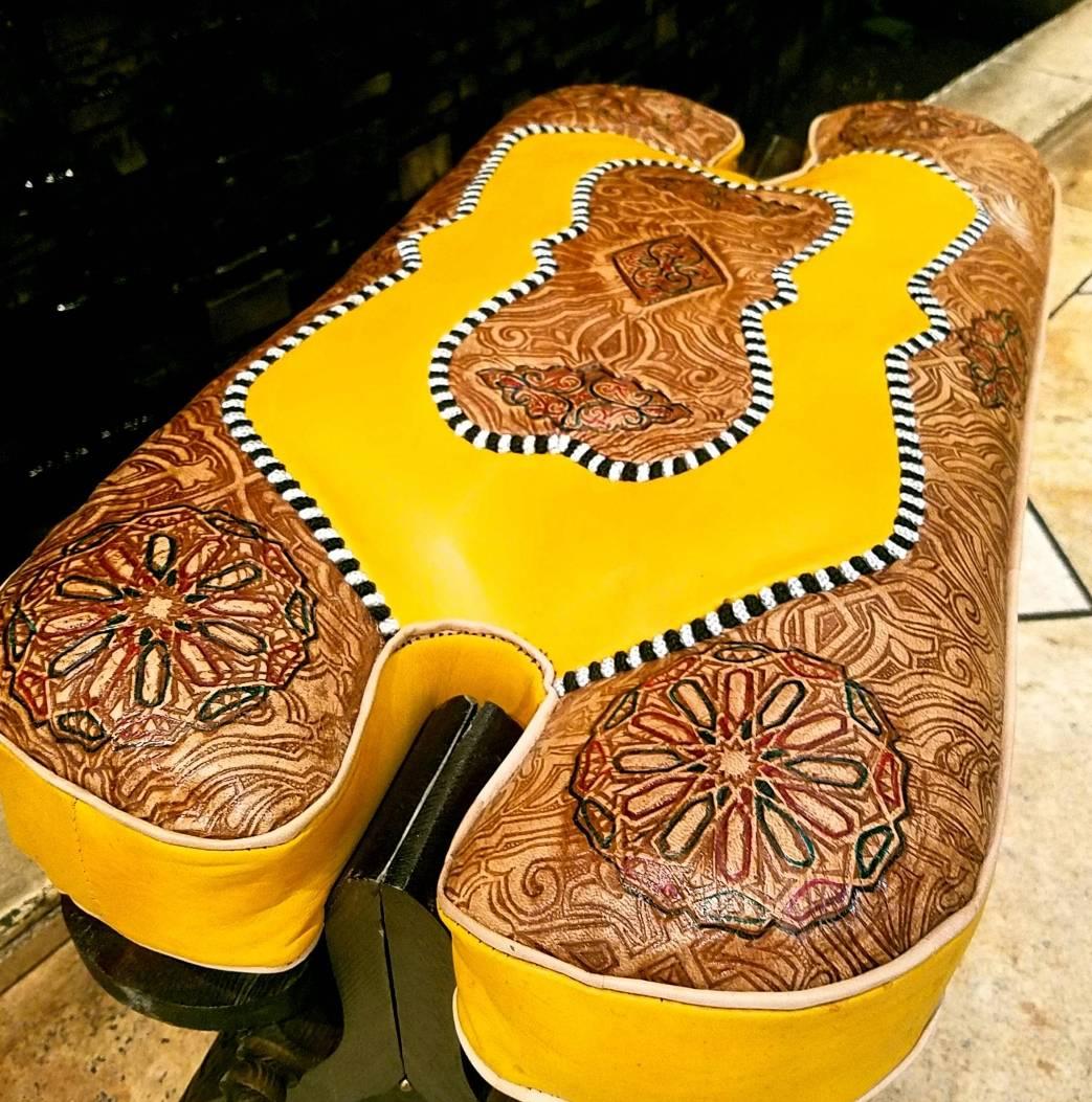 Handmade Moroccan Camel Saddle, Mustard and Tan Leather Cushion For Sale 1