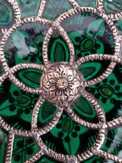 Decorative Metal Inlaid Moroccan Hand Painted Plate-Hunter Green