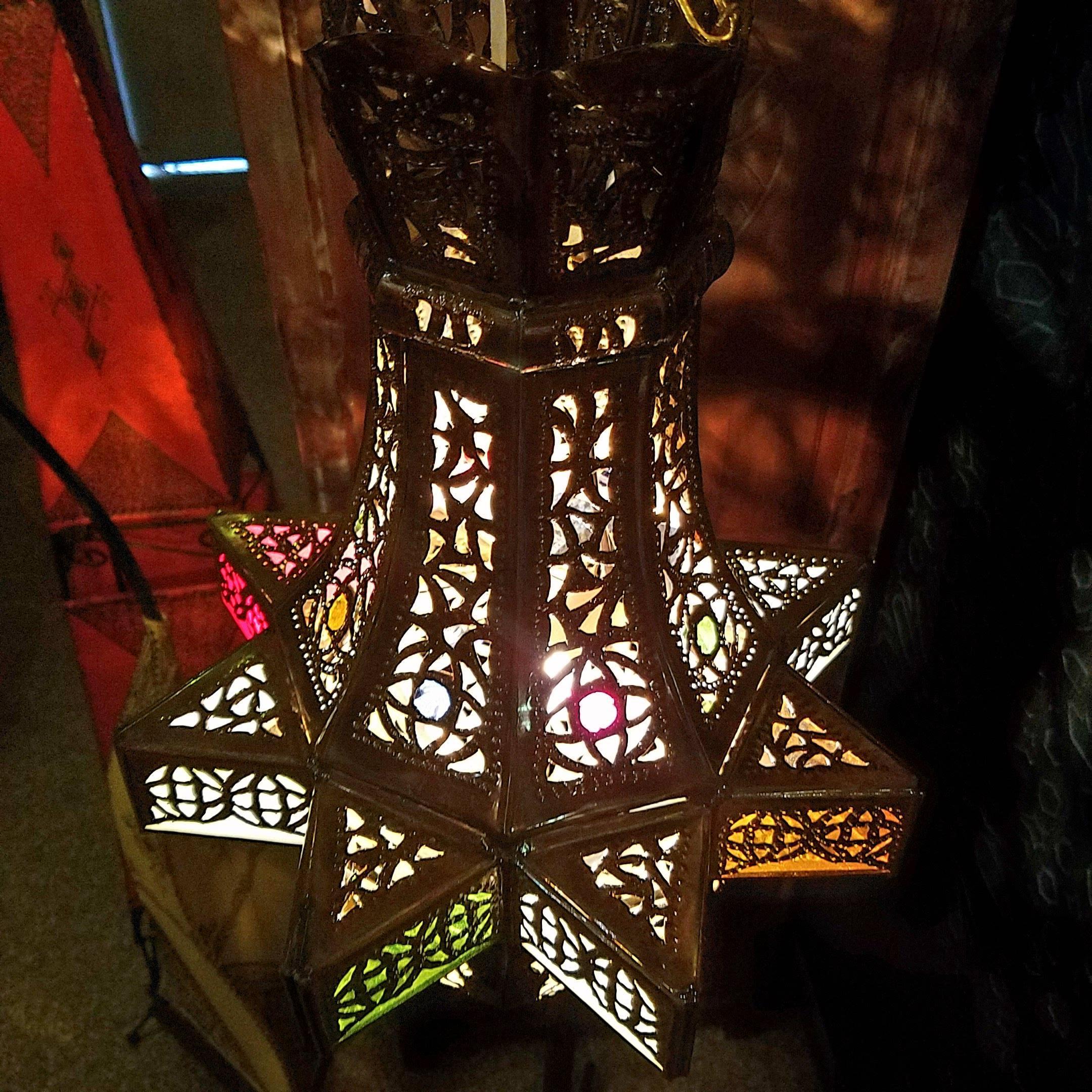 Moroccan Small Pierced Metal Lantern, Star Design In Excellent Condition For Sale In Orlando, FL