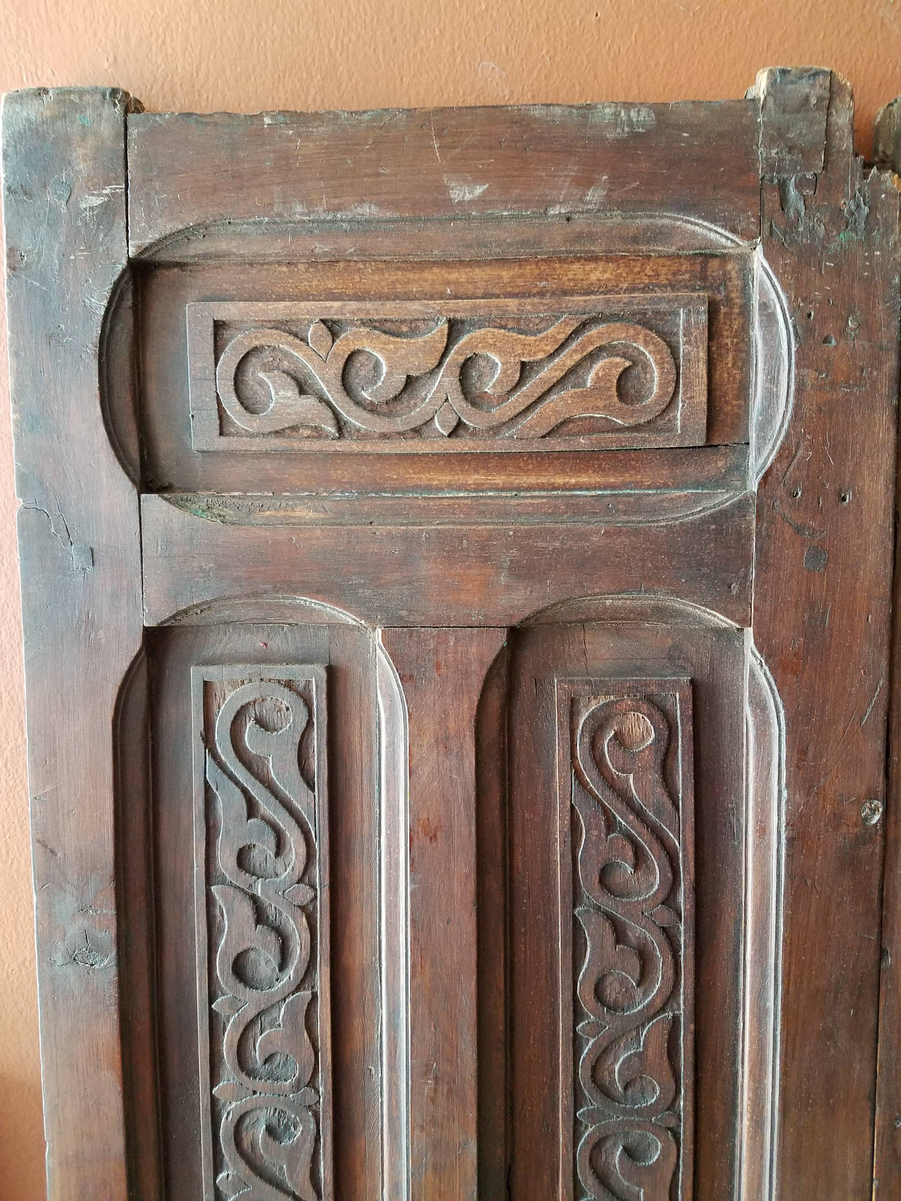 Carved Old Early 1900s Moroccan Wooden Door, Mediterranean Scroll Motifs For Sale