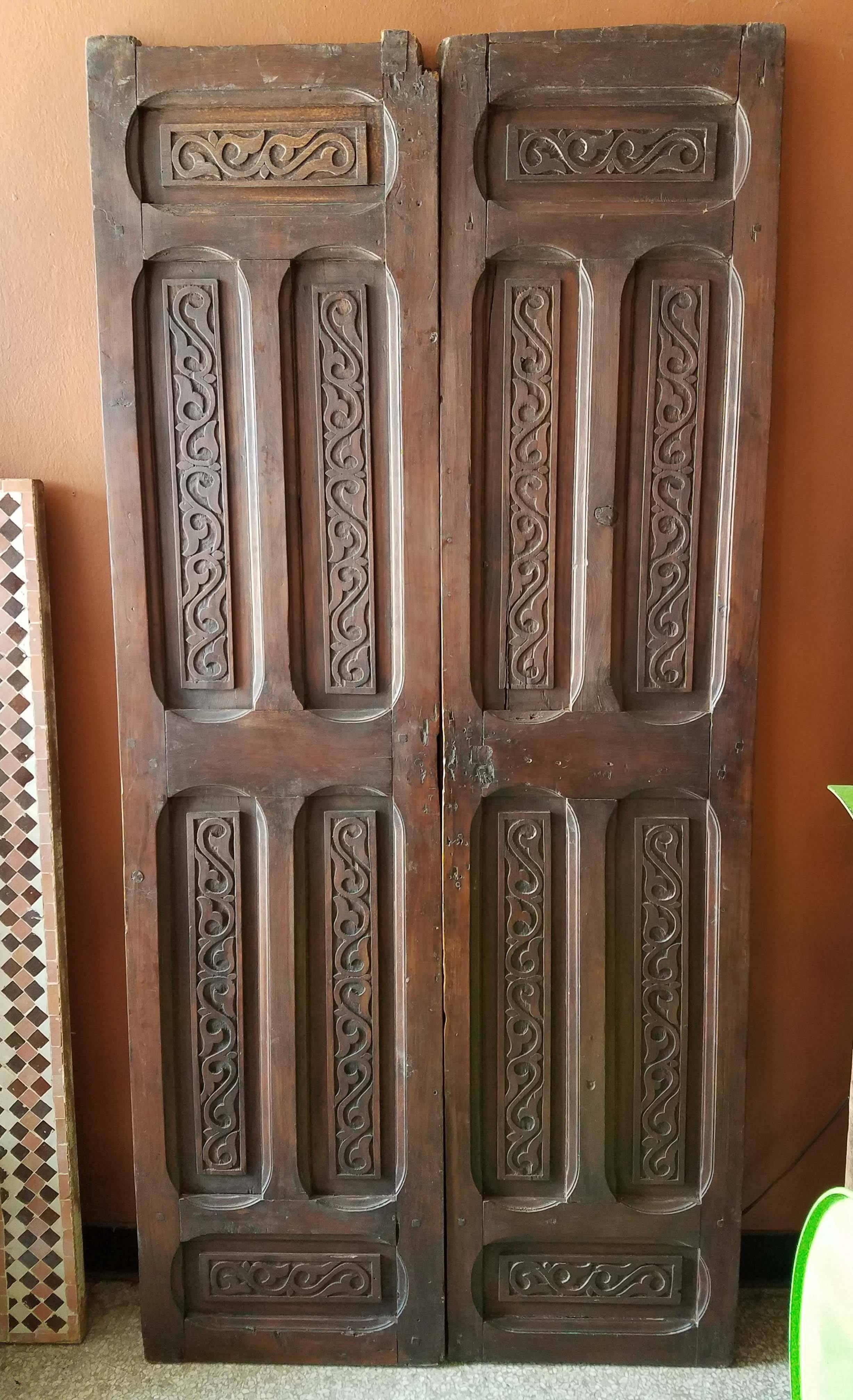 Old Early 1900s Moroccan Wooden Door, Mediterranean Scroll Motifs For Sale 1