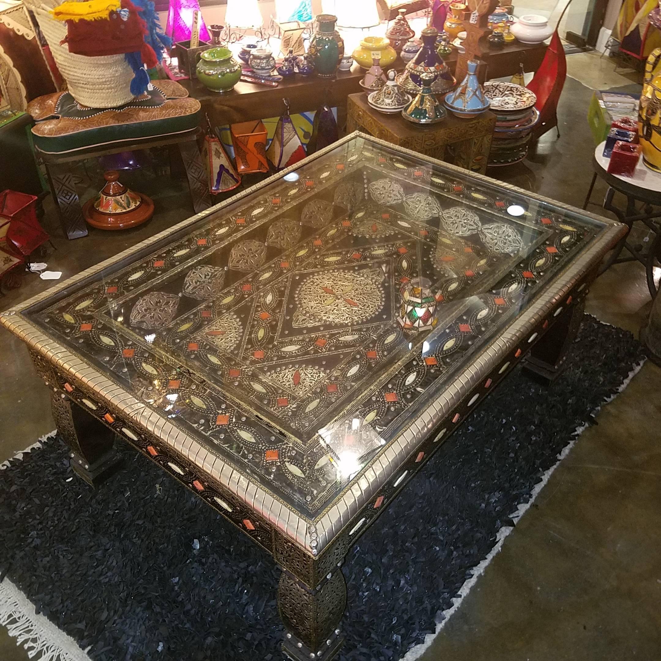 Moroccan Metal Inlaid Coffee Table, Camel Bone Added For Sale at